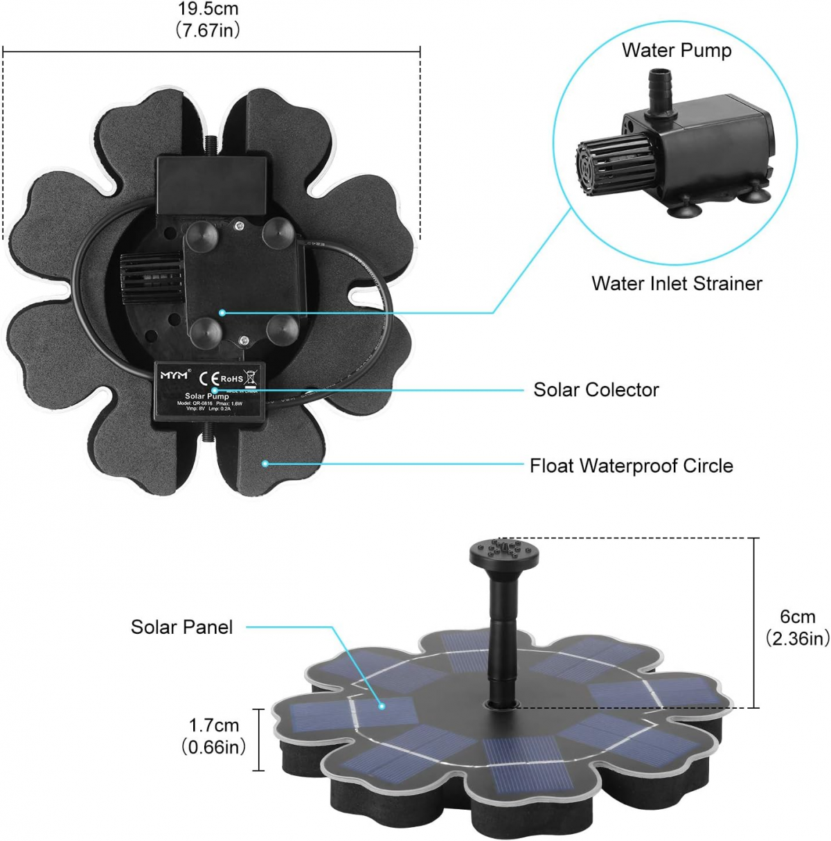 Pompe à Eau Solaire,2.5W Pompe de Bassin Solaire Fontaine d'oiseaux Pompe Flottante Exterieur de l'eau Circulation Solaire Cascade pour Piscine,Jardin - 4