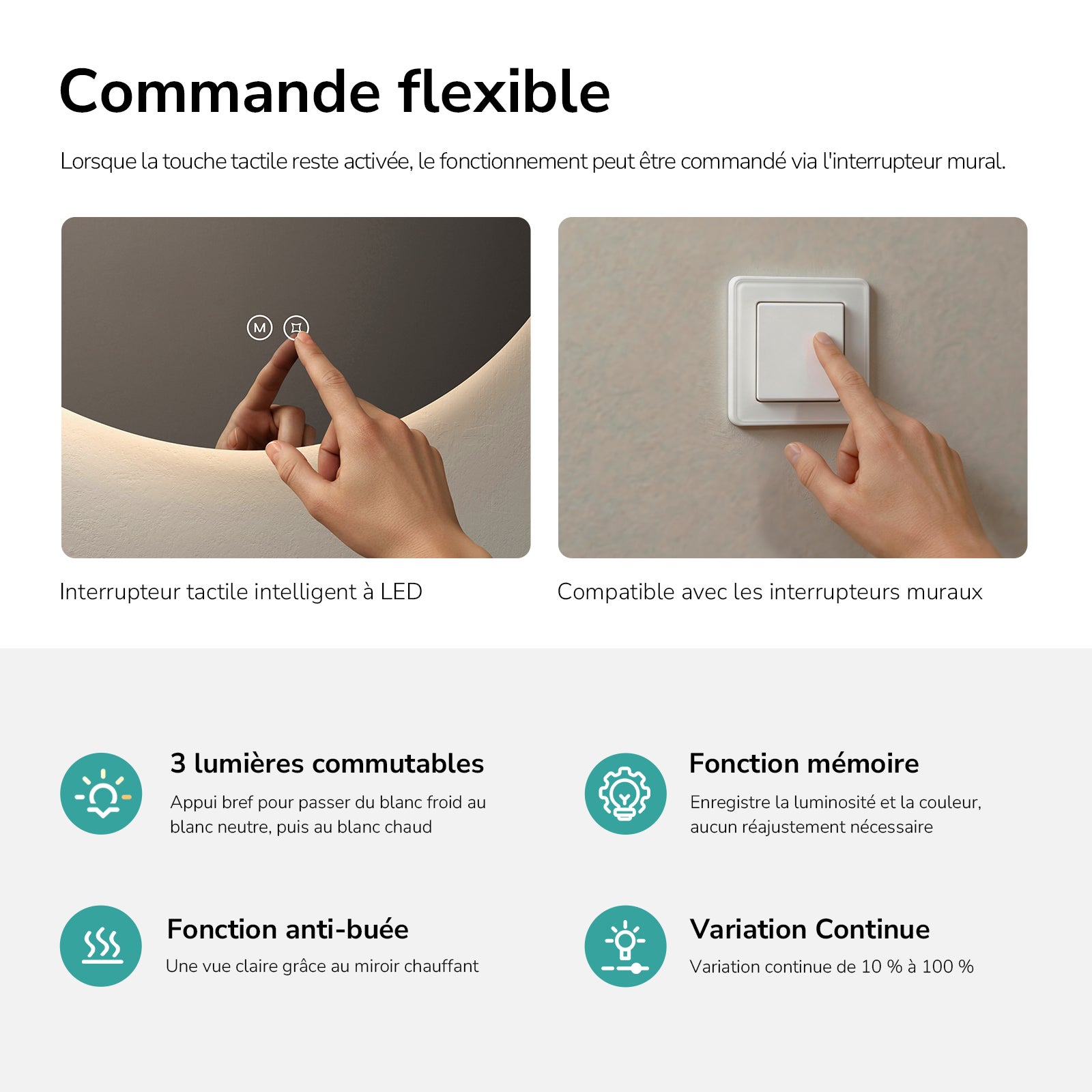 EMKE Miroir lumineux salle de bain rond diamètre 50cm, rétro-éclairage sans cadre, Miroir LED avec Interrupteur Tactile, Lumière Froide/Neutre/Chaude - 4