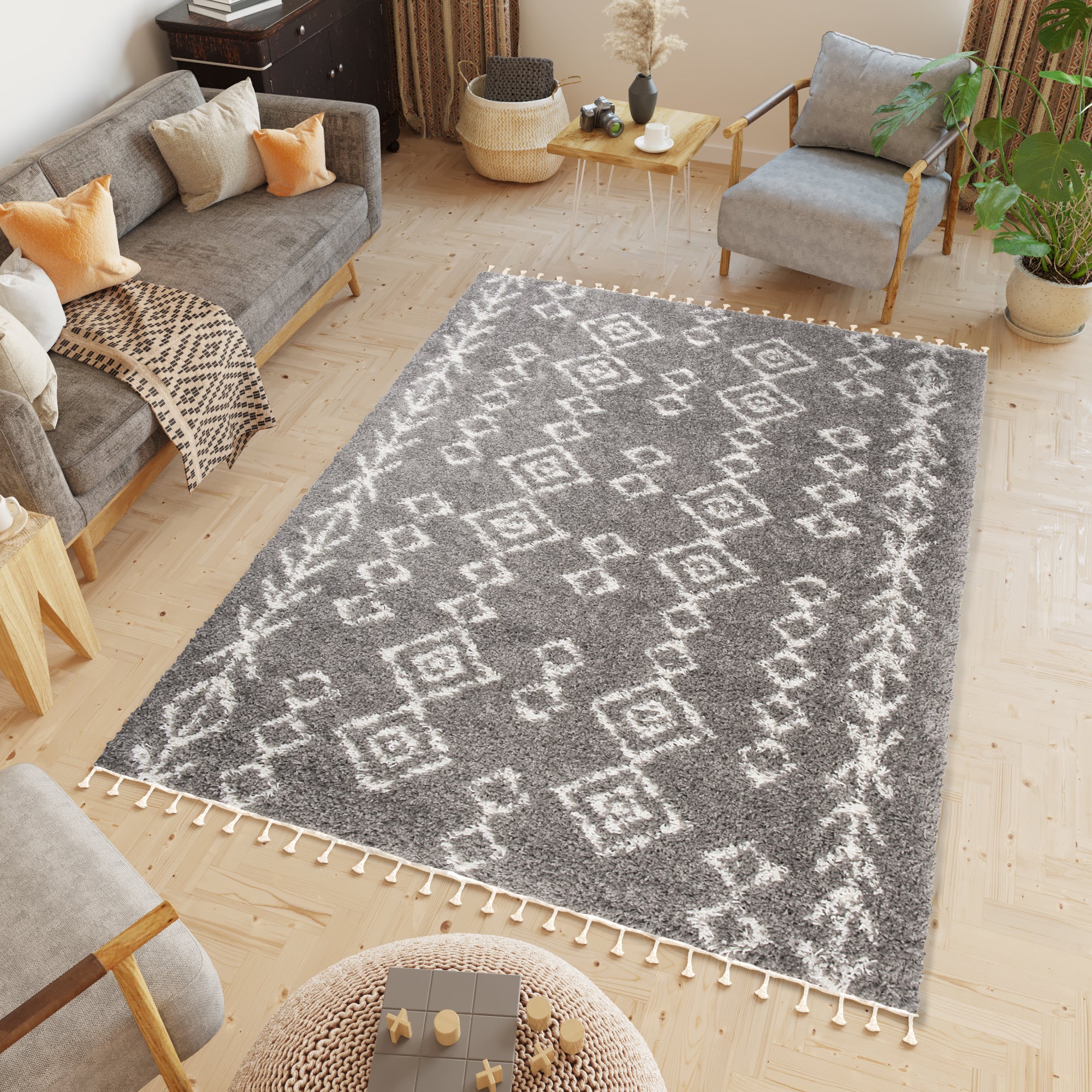 Tapiso boho alfombra salon sala gris crema etnico marroquí borlas trenzas gorda shaggy 300 x 400 cm