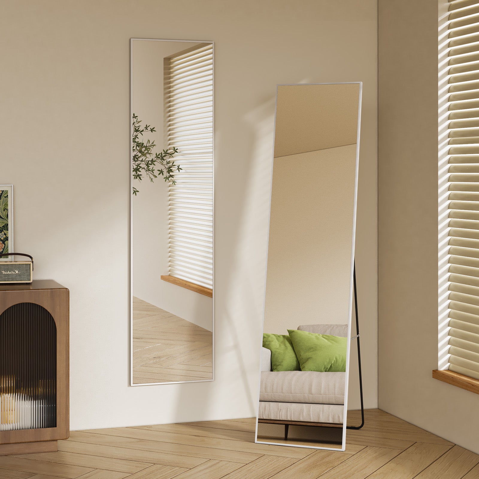 Specchio a figura intera 160 x 37 cm, Specchio da appoggiare o da appendere al muro, Bianco