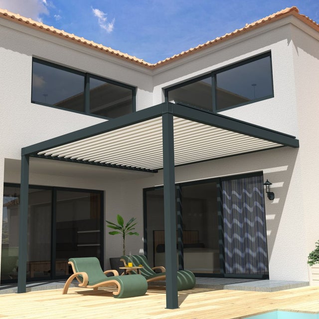 Pergola bioclimatique adossée Anthracite en Aluminium 15.76 m²