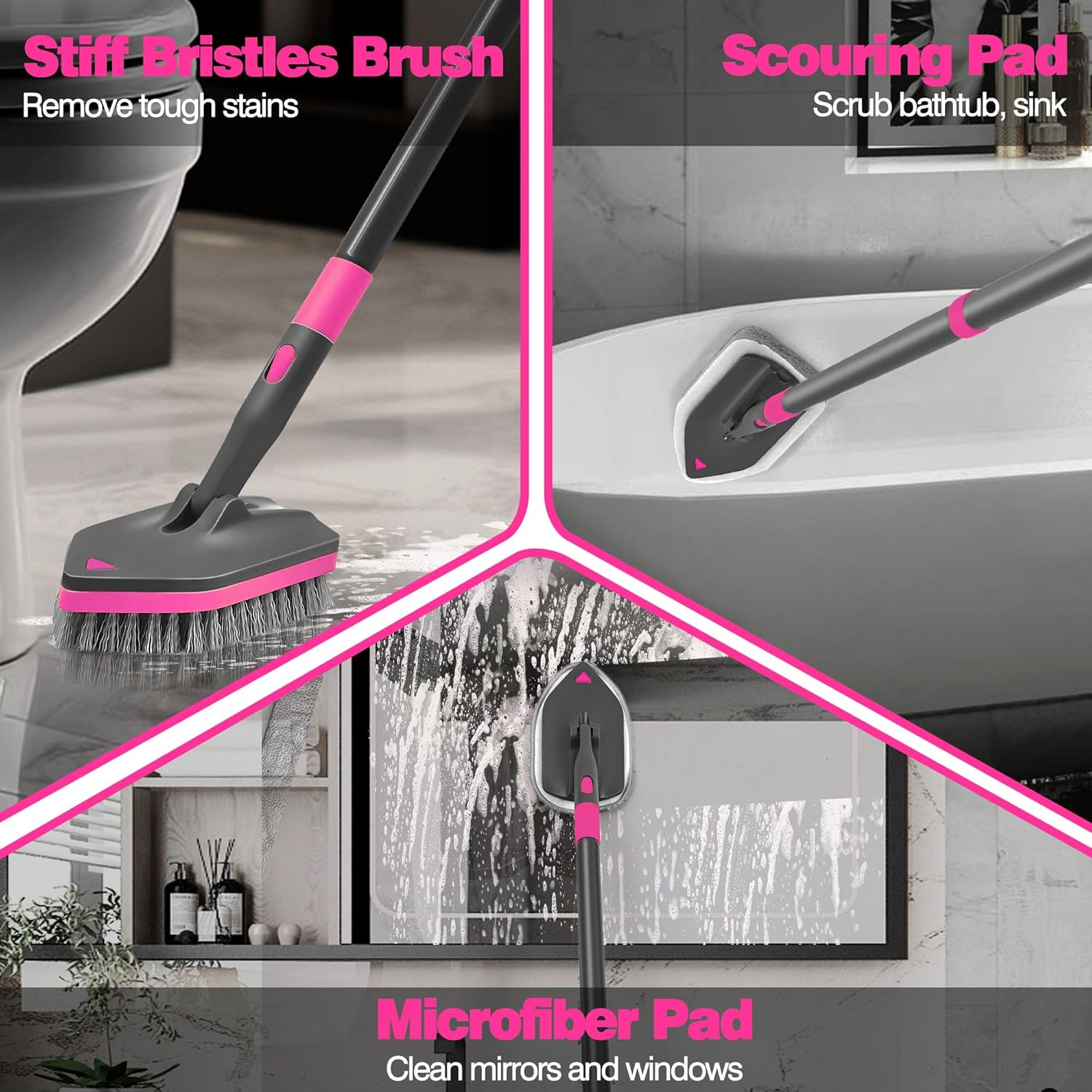 Brosse de nettoyage, brosse à récurer avec long manche télescopique, 142 cm, 4 têtes de lavage pour nettoyer salle de bain, baignoire, sol, plinthes, - 3