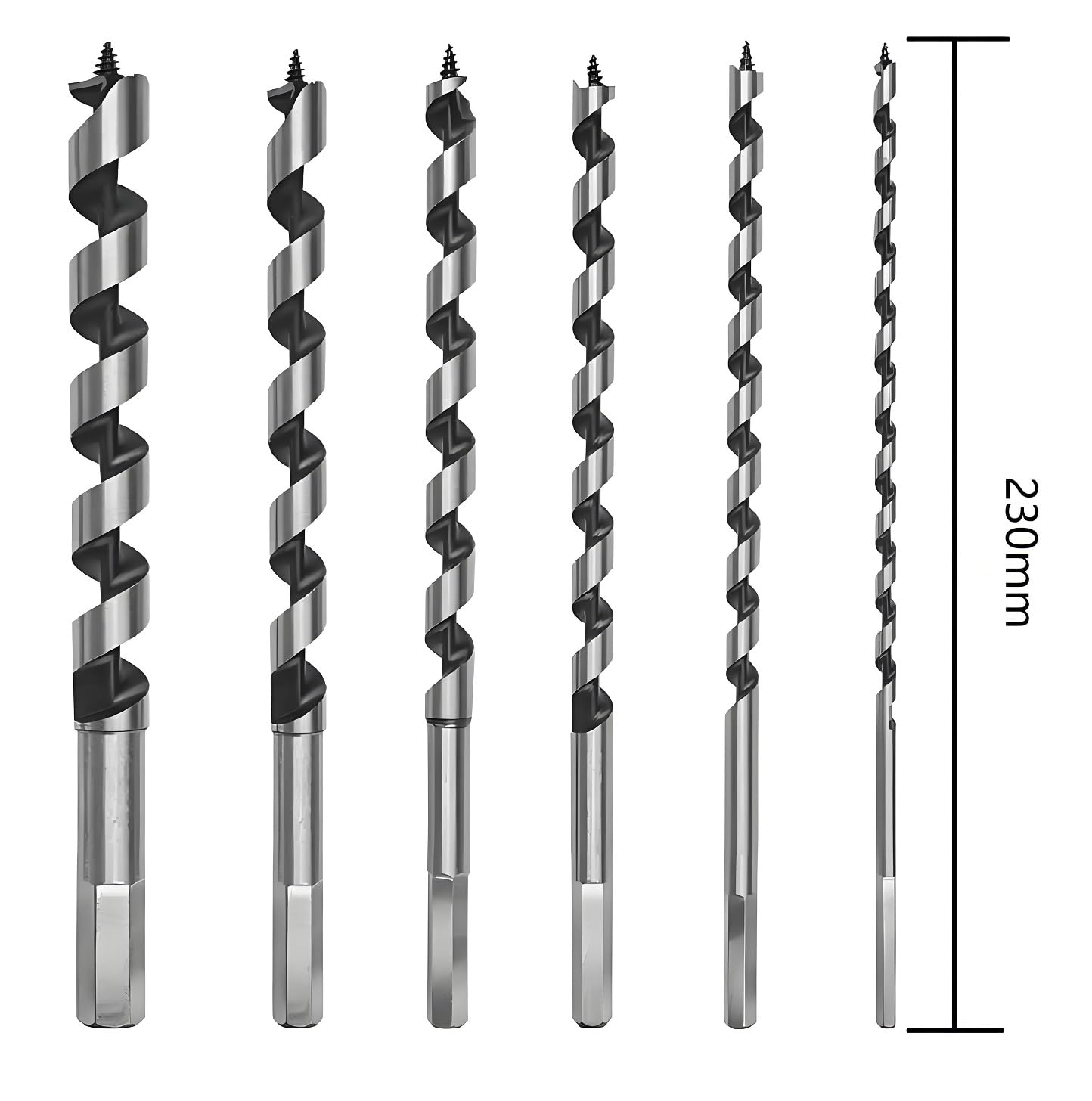 Lot de 6 Mèche à Bois Hélicoïdale Longue 230mm, Jeu de Foret à Bois 230mm de Long - Avec Tige Hexagonale - Diamètre 6mm, 8mm, 10mm, 12mm, 14mm, 16mm - 4