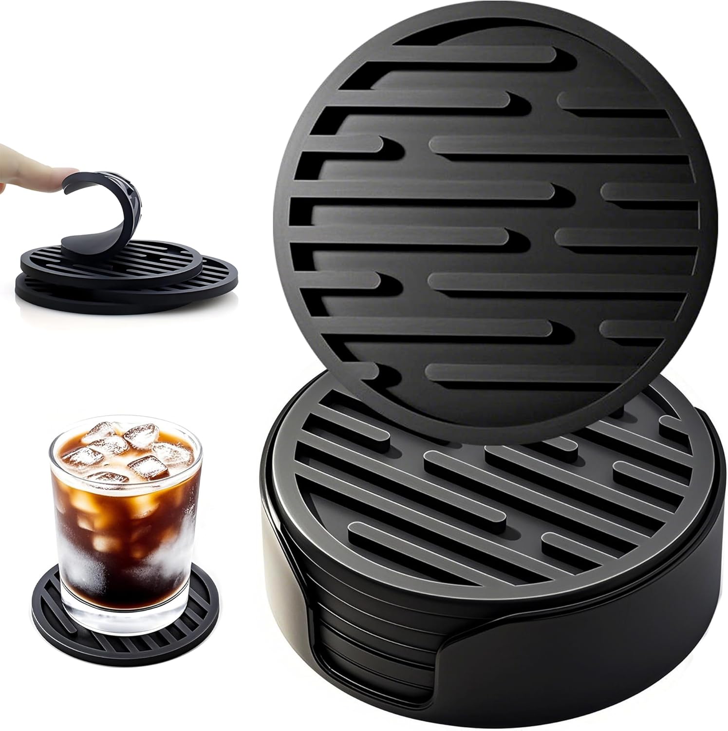 Zestaw 6 silikonowych podstawek o średnicy 10 cm (czarne) z uchwytami, okrągłe podstawki antypoślizgowe, odpowiednie do kubków i napojów