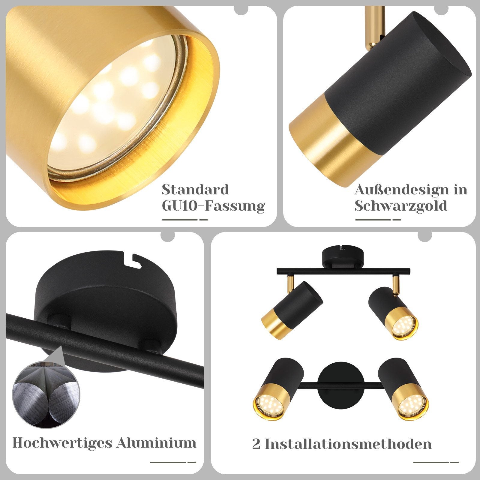 ZMH Spot de plafond 2 flammes-GU10 noir-or Moderne Lampe de plafond pour le salon - 6