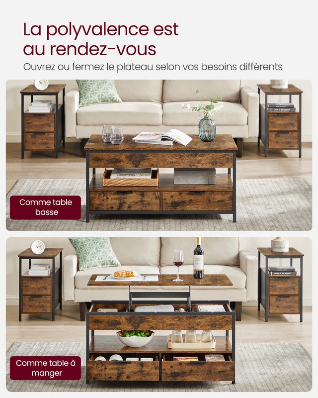 Table de Salon avec Plateau Relevable, avec Rangement Ouvert et Compartiment Caché, Marron Rustique et Noir d’Encre - 3