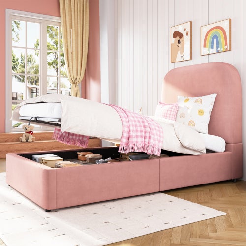 Letto Singolo 90x200 Cm Con Luci LED E 2 Cassetti – Tessuto Lino, Rosa – Struttura Imbottita