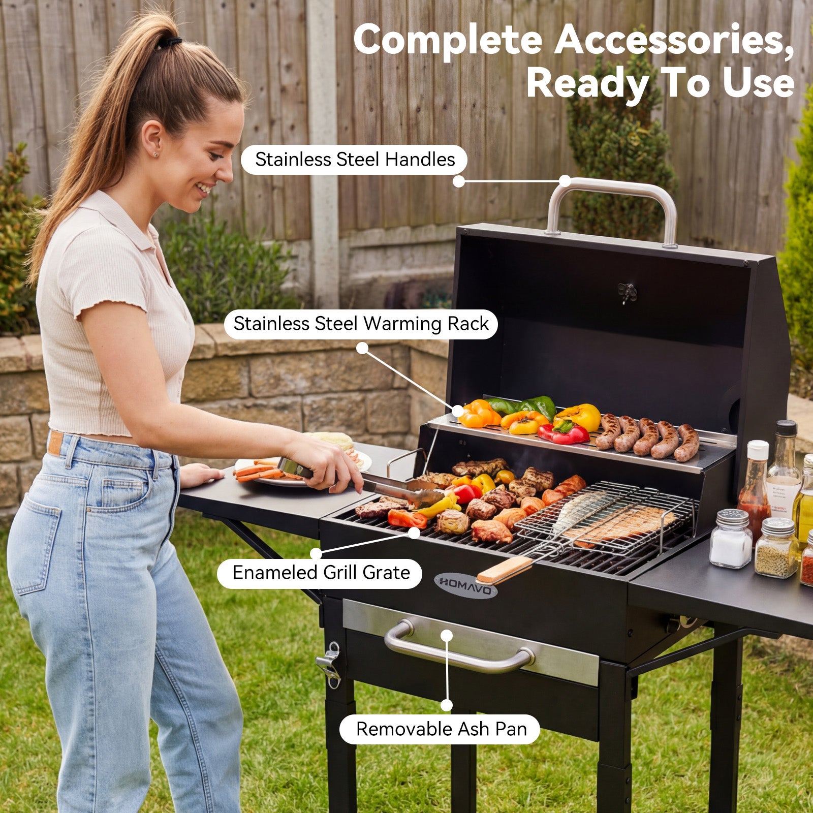 Barbecue a Carbonella, Superficie di Cottura: 45×32 cm, Griglia Principale in Smalto, Ripiano Riscaldante, Termometro HOMAVO - 7