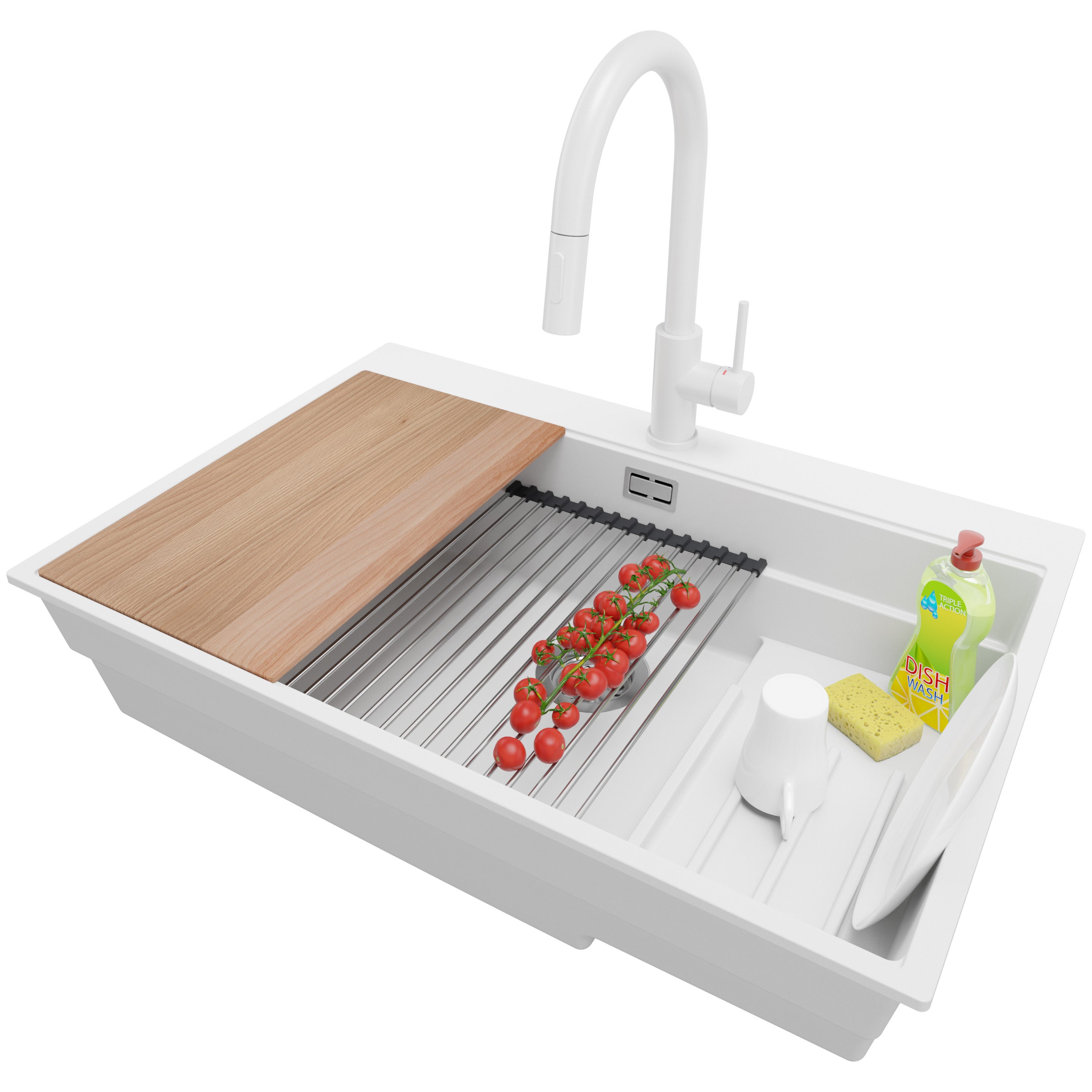 Zlewozmywak Granitowy Biały 78x53cm, Zlew Kuchenny 1 Komorowy + Bateria 40x20cm + Syfon + Akcesoria, Nablatowy do szafki od 80cm - Oslo Max PRIMAGRAN