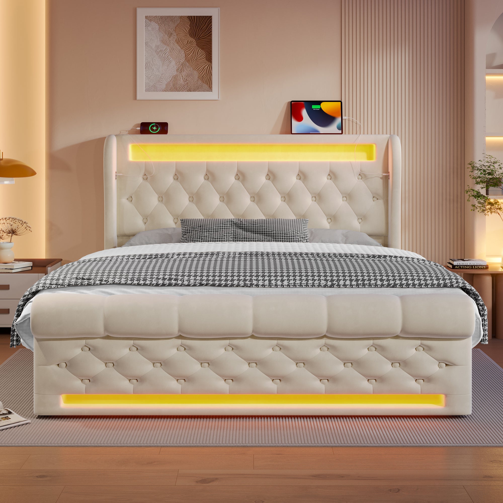 Podwójne łóżko dla dorosłych 140 x 200 cm, z oświetleniem LED, portami USB i Type-C, systemem hydraulicznym, kolor beżowy, aksamit.