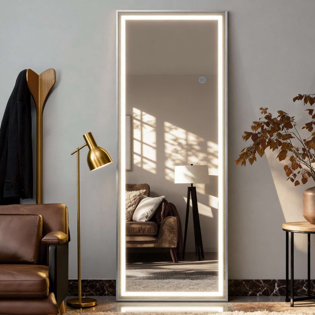Miroir LED pleine longueur 160x50 cm avec éclairage dimmable 3 tons, cadre argenté moderne et design autoportant, idéal pour la chambre ou le salon.