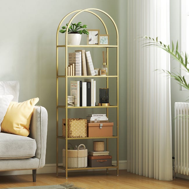 Libreria A 5 Ripiani Con Gambe Regolabili - Design Curvo, Finitura Marmo, Oro E Bianco, 180x60x28 Cm!
