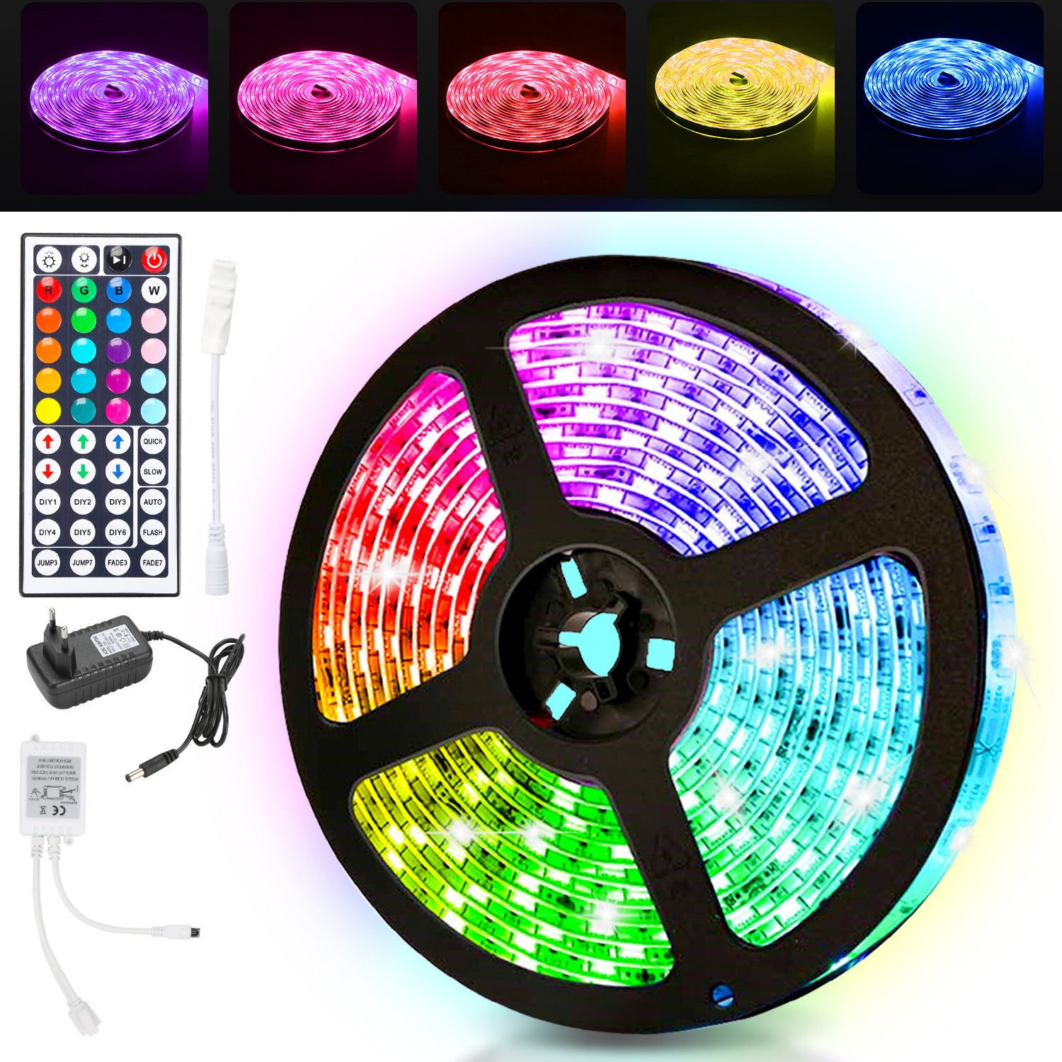 Taśma LED 5050 SMD RGB, 1M, 30 diod LED z pilotem 44-klawiszowym + zasilacz 12V do montażu na ścianie tylnej imprezy