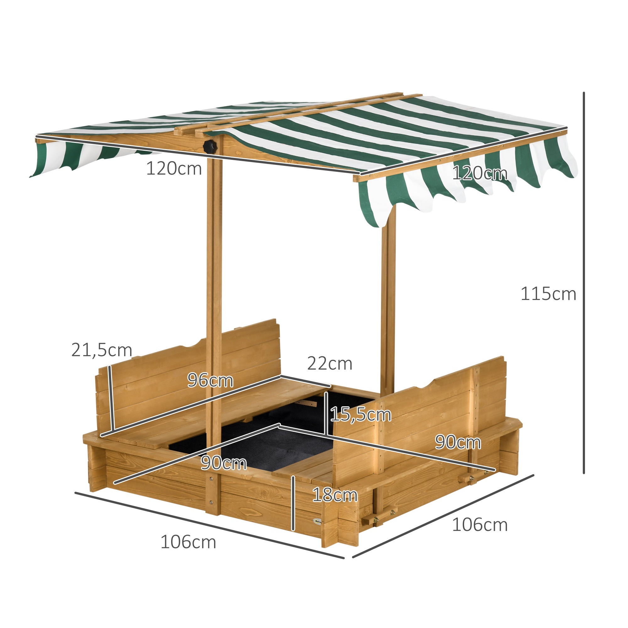 Caixa de Areia Infantil Madeira com Toldo Ajustável e Bancos 106x106x121cm Natural - 2