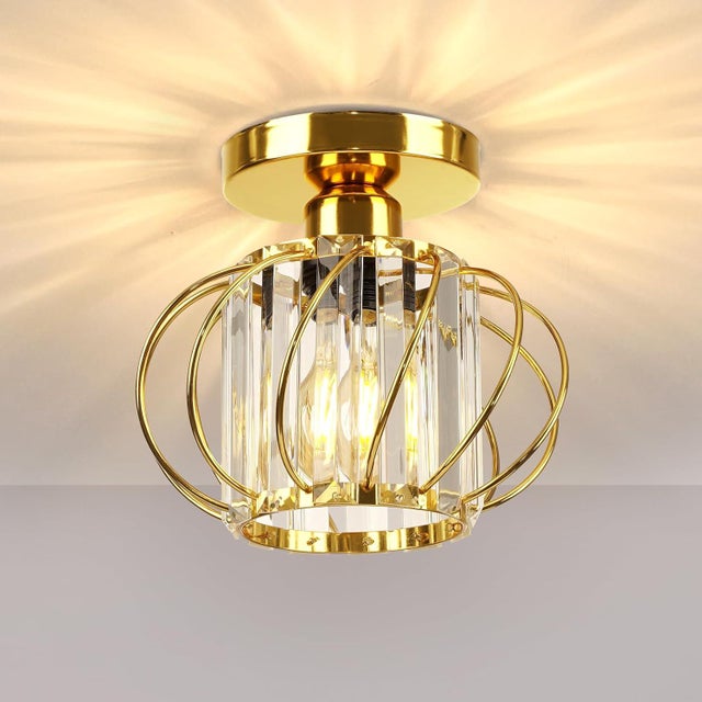 Lustre de cristal dourado em miniatura, luminária de teto moderna redonda em metal com cúpula E27, ideal para quarto, sala de estar, cozinha e corredo