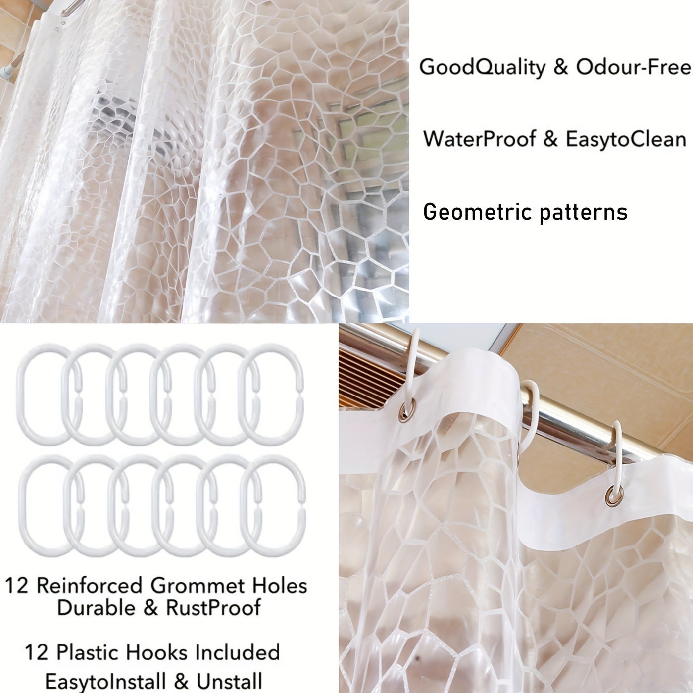 Rideaux de douche, rideau de douche 180 cm x 200 cm blanc motif semi-transparent en tissu PEVA rideau de douche de salle de bain avec crochets - 3