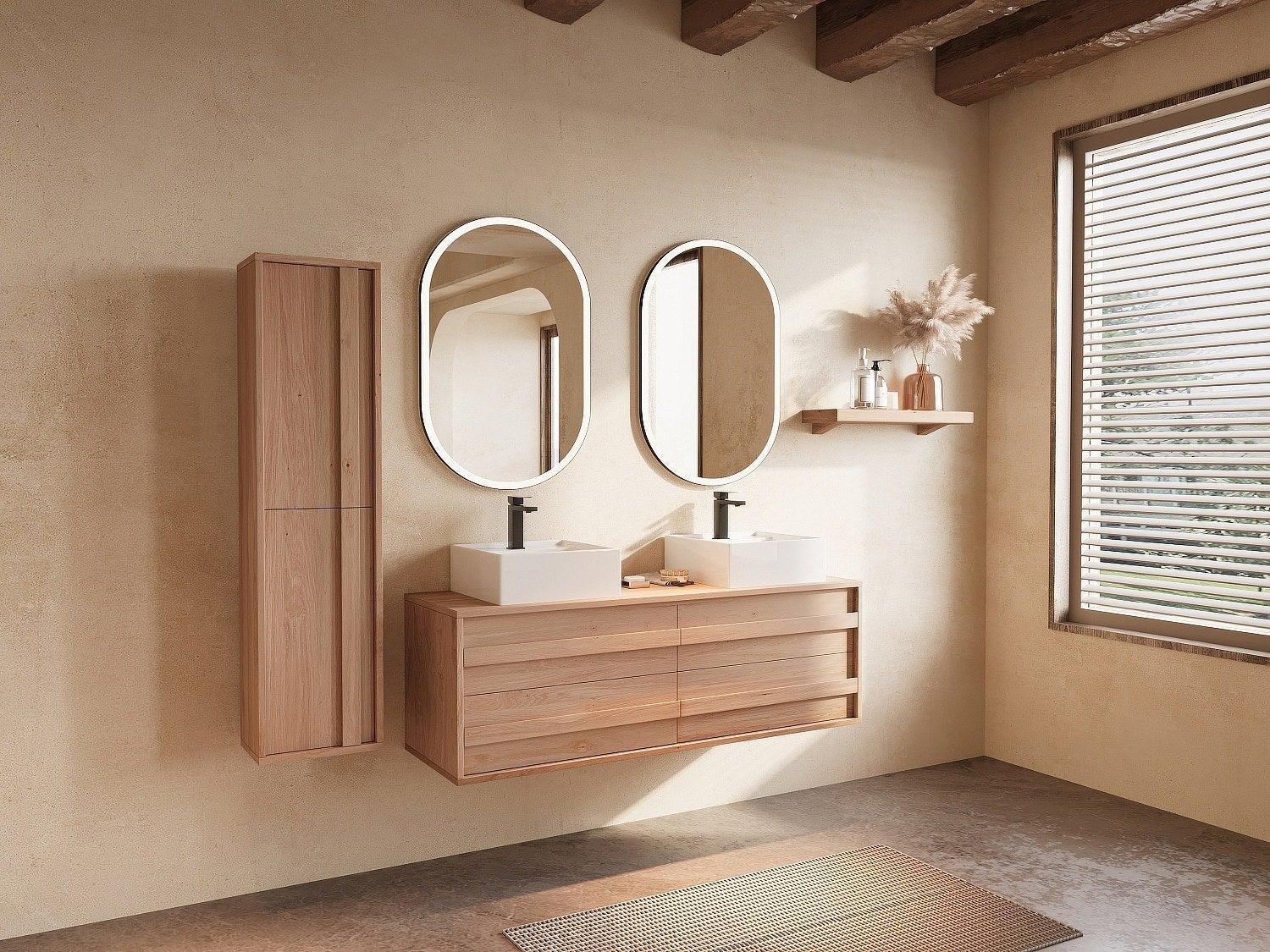 Kolumna łazienkowa podwieszana z litego dębu - Jasny naturalny - W140 cm - SARLO