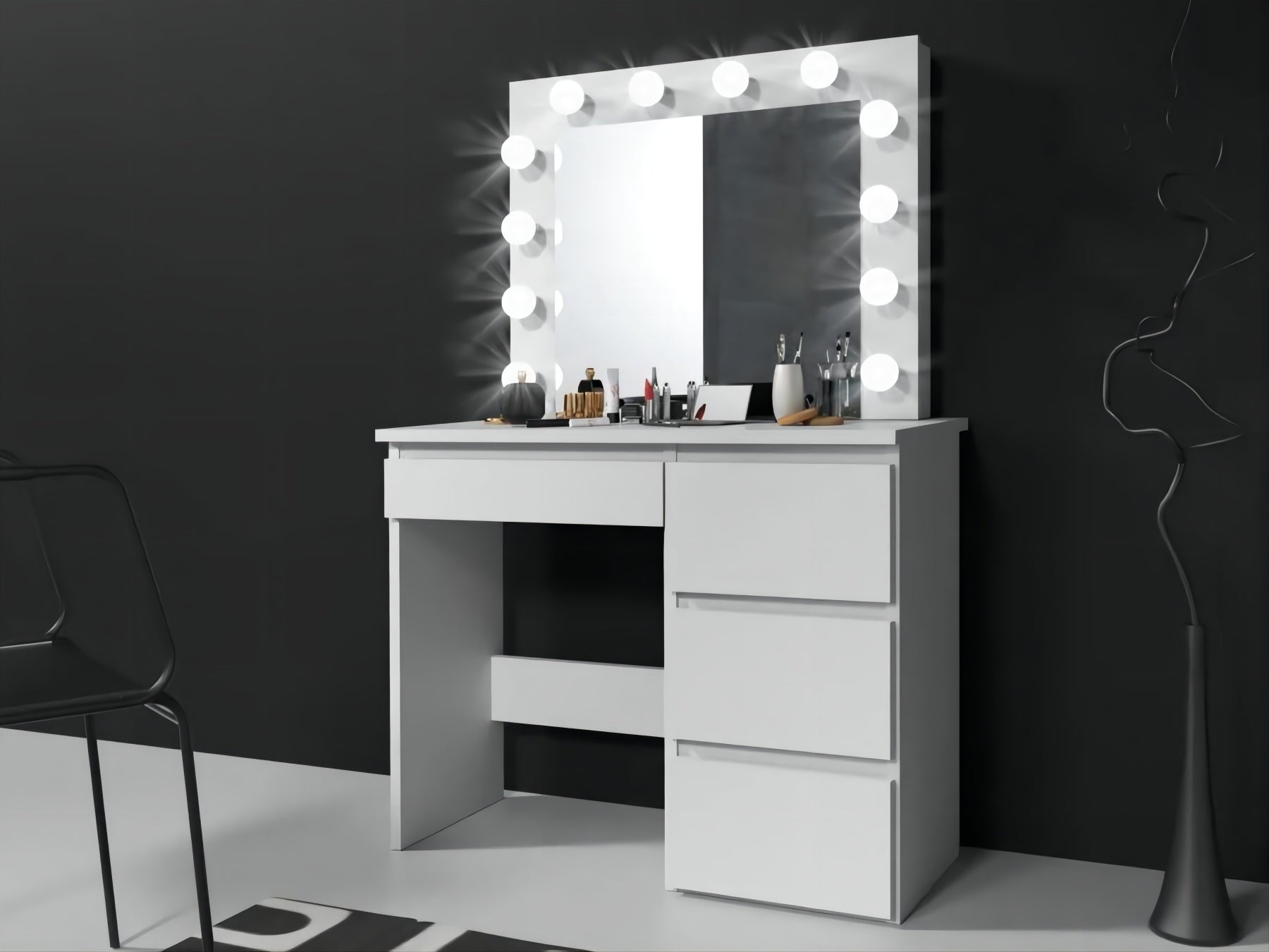 Coiffeuse avec 4 tiroirs et miroir LED coloris blanc - H75 x L94 x P43 cm - 2
