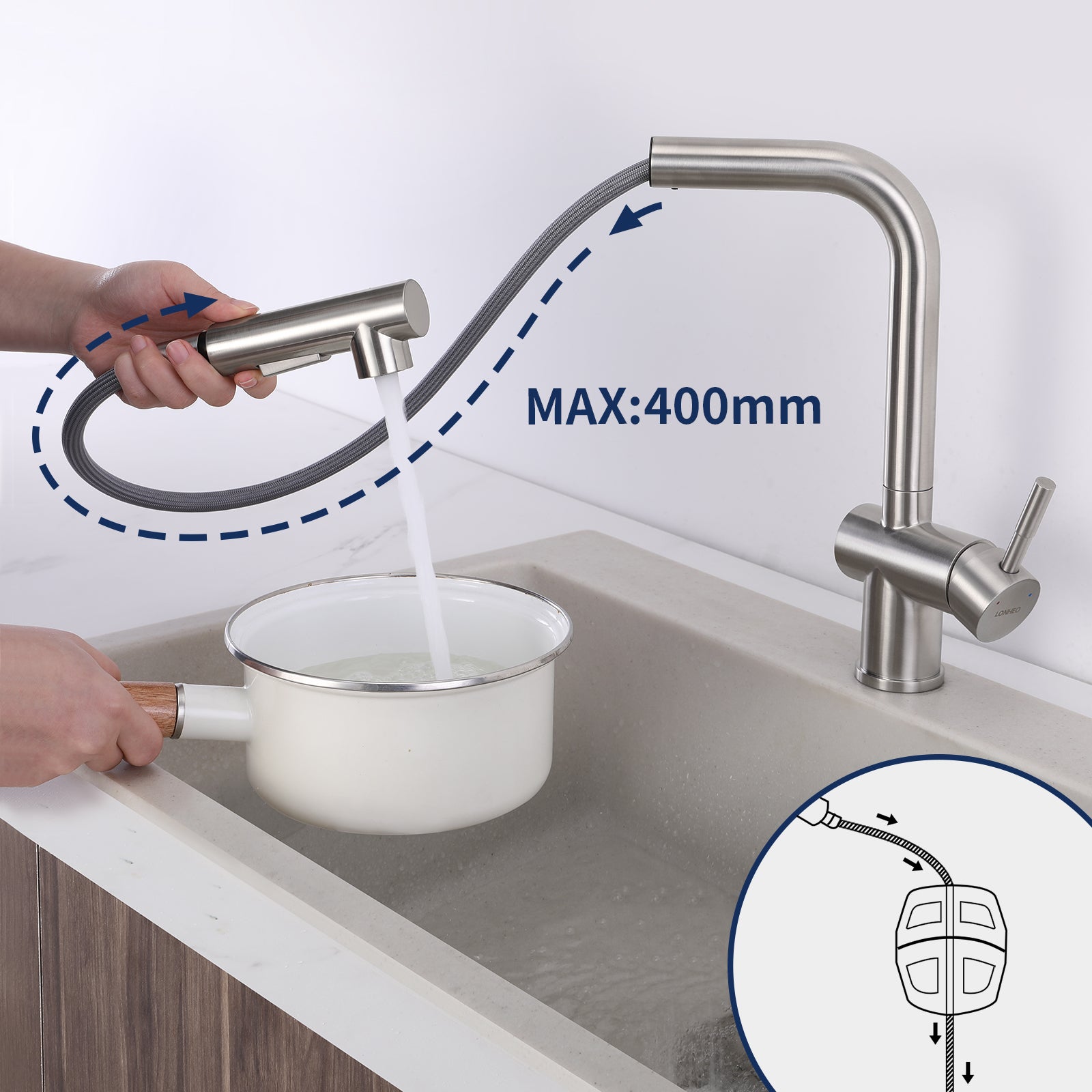 Lonheo Max Grifo mezclador de cocina con rociador extraíble - Grifo extraíble para fregadero de acero inoxidable cepillado - 4