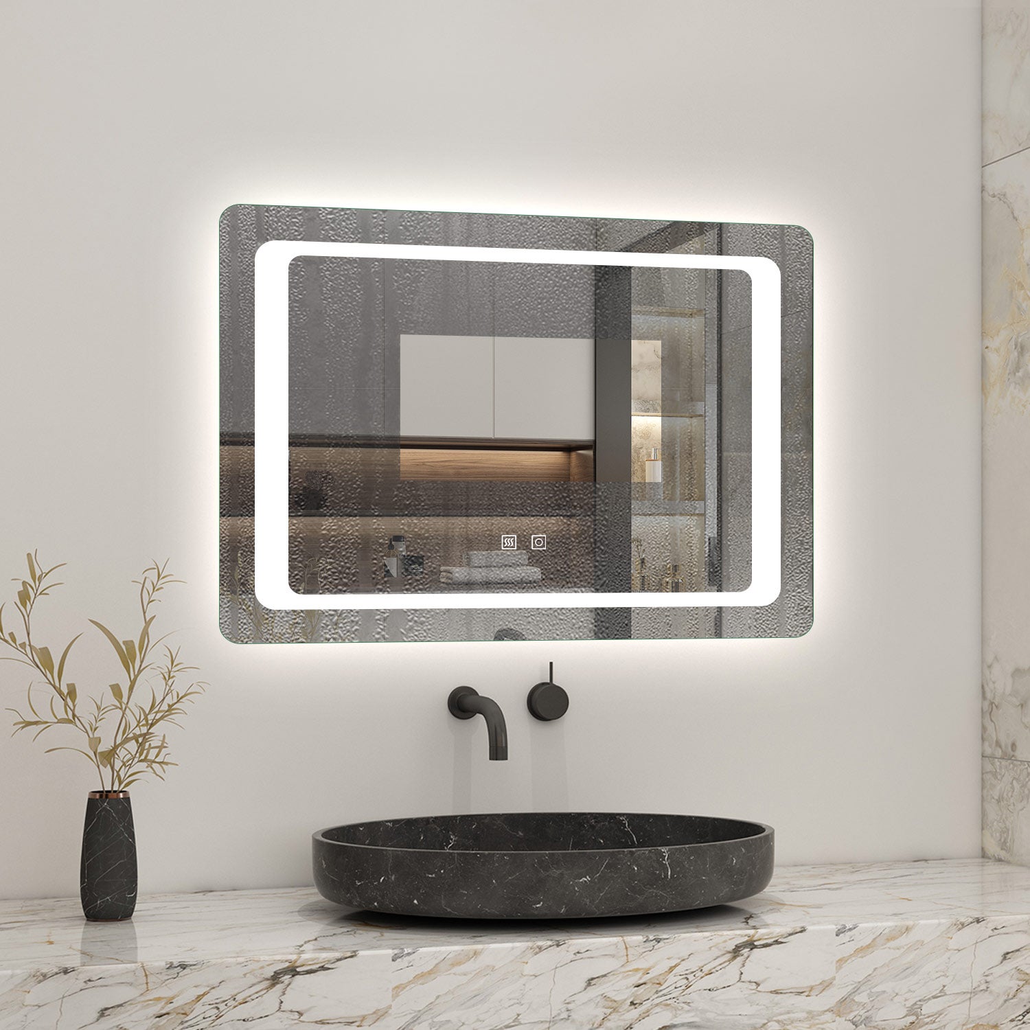 AICA Miroir lumineux 80 x 60cm anti-buée +dimmable + mémoire, miroir de salle de bain avec 2 Interrupteurs Tactiles - 5