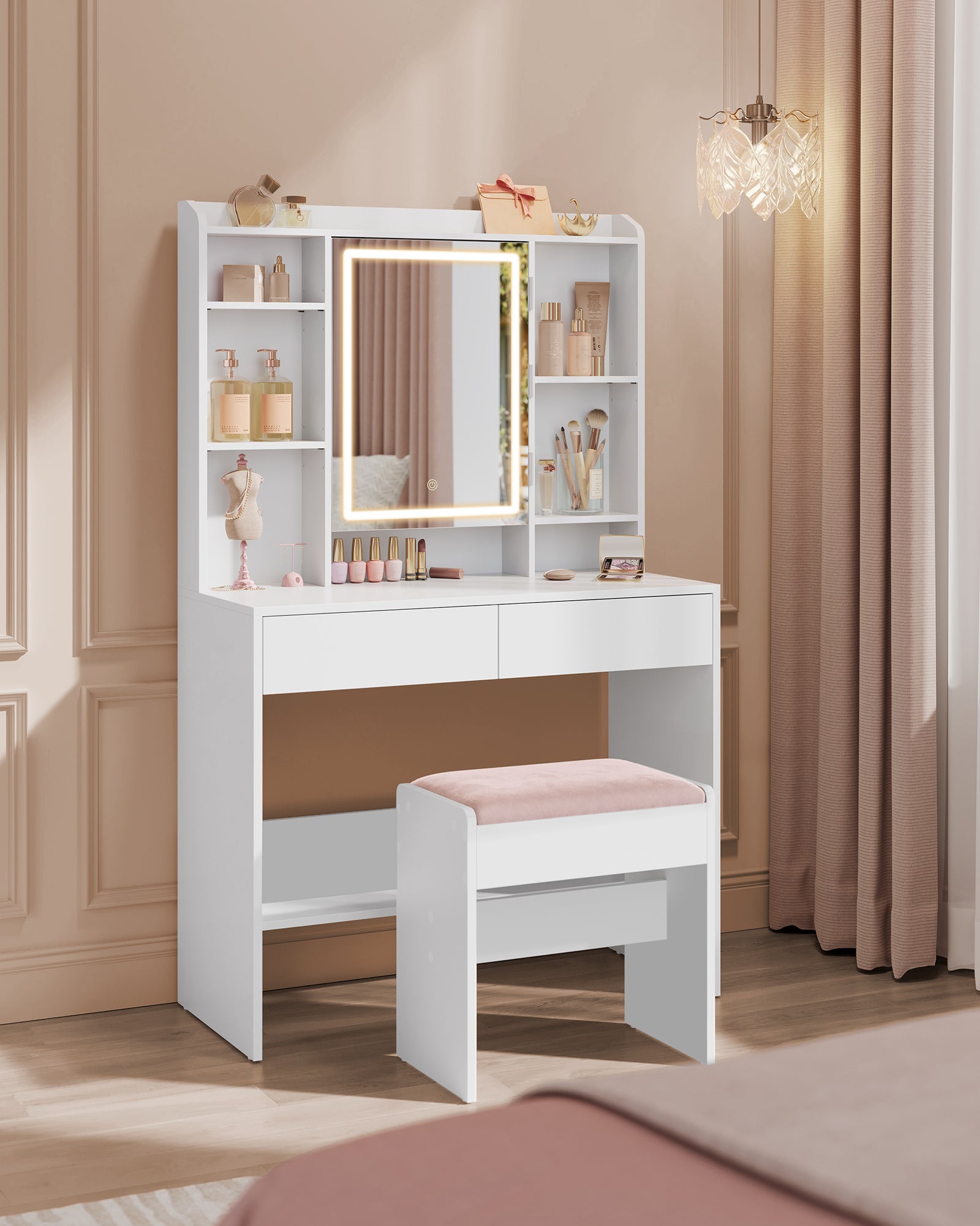 Tabouret de Coiffeuse, en Velours, Patins Antidérapants, Blanc Mat et Rose Bonbon - 6