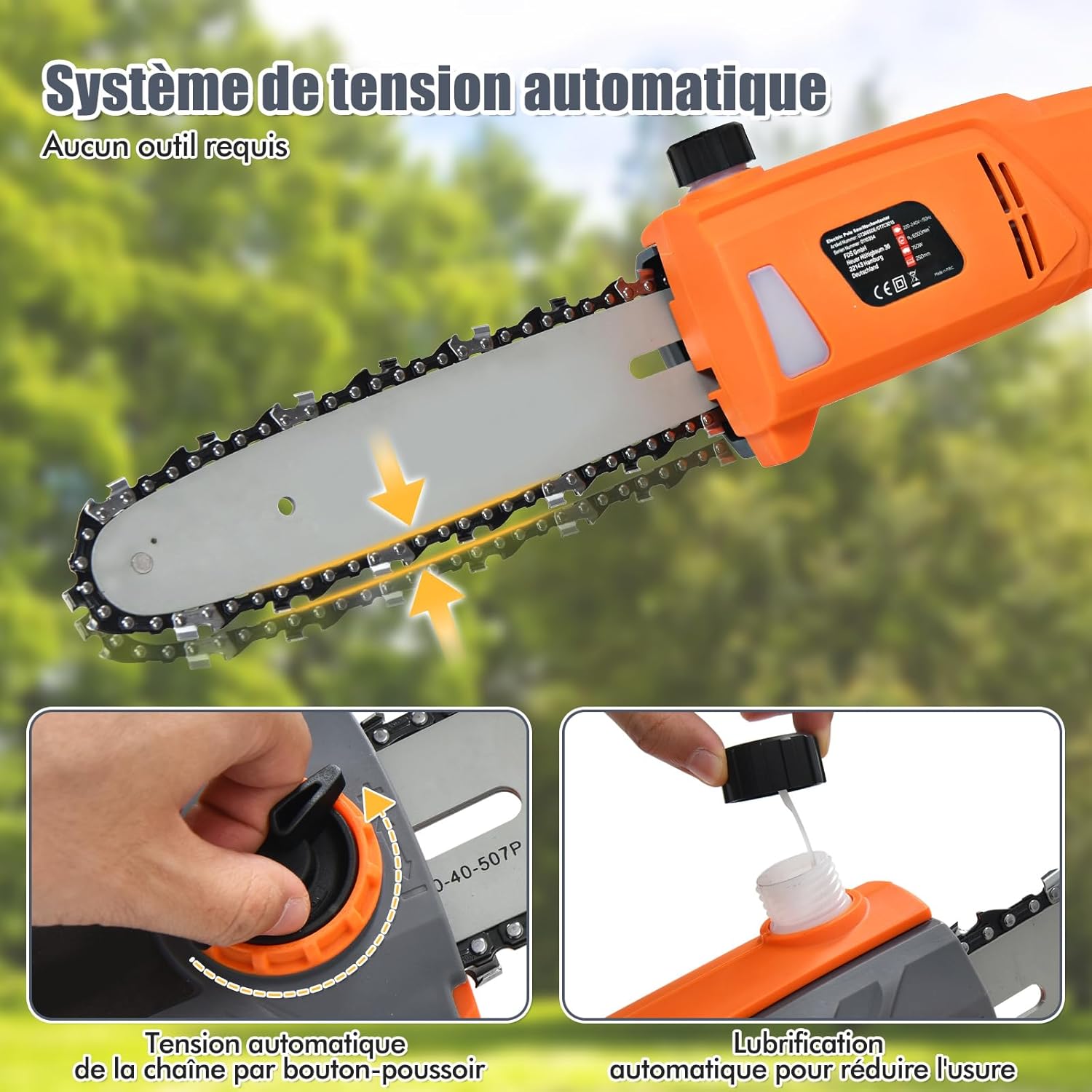 Élagueuse sur Perche Électrique 750 W, Coupe Branche avec Tête Réglable -30° à 30°, Manche Télescopique 212-286 cm Guide-Chaîne 20 cm, Vitesse 11 m/s - 5