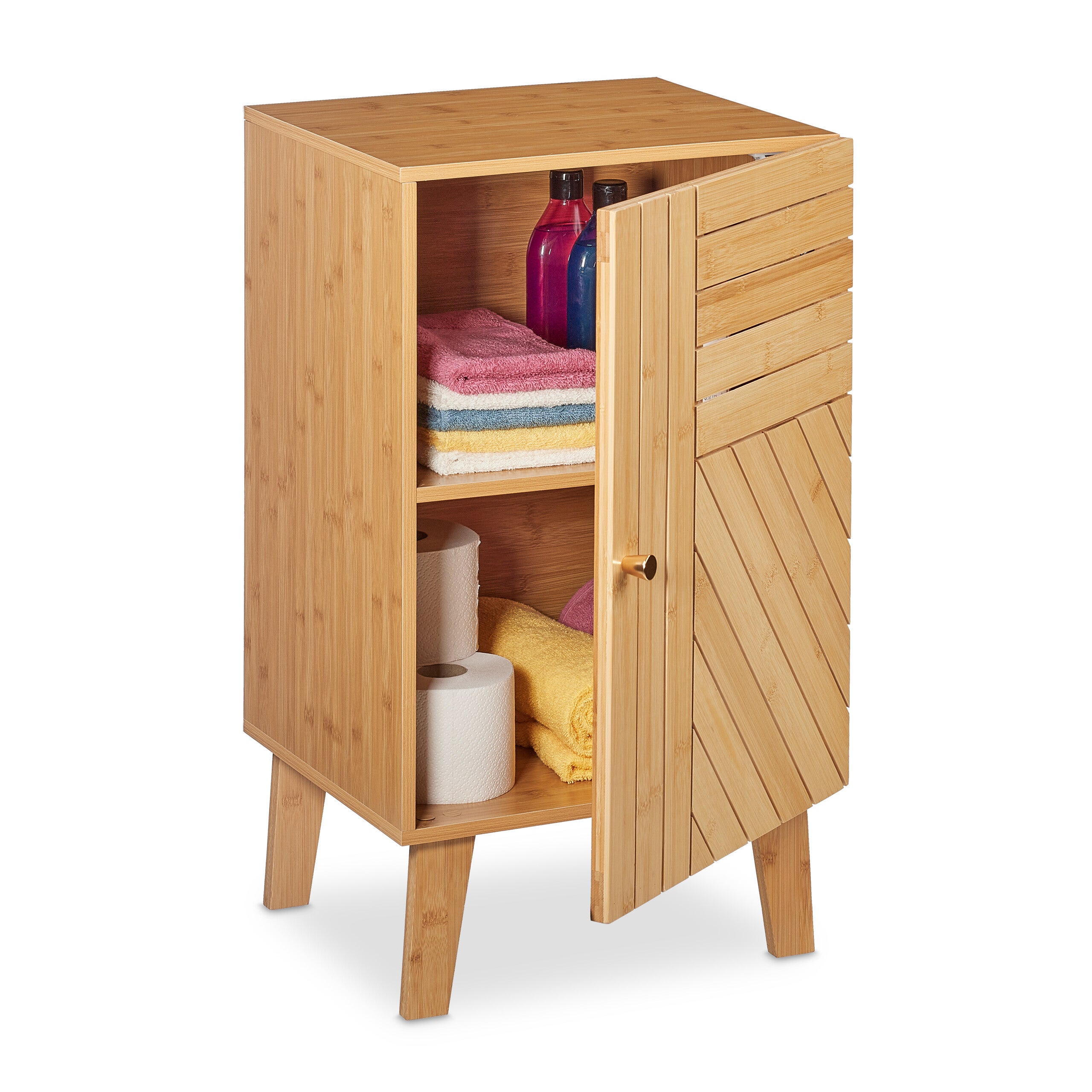 Relaxdays Mobile Bagno da Terra in bambù, 70 x 40 x 37 cm, Ripiani Regolabili, Anta Montabile a Piacimento, Marrone