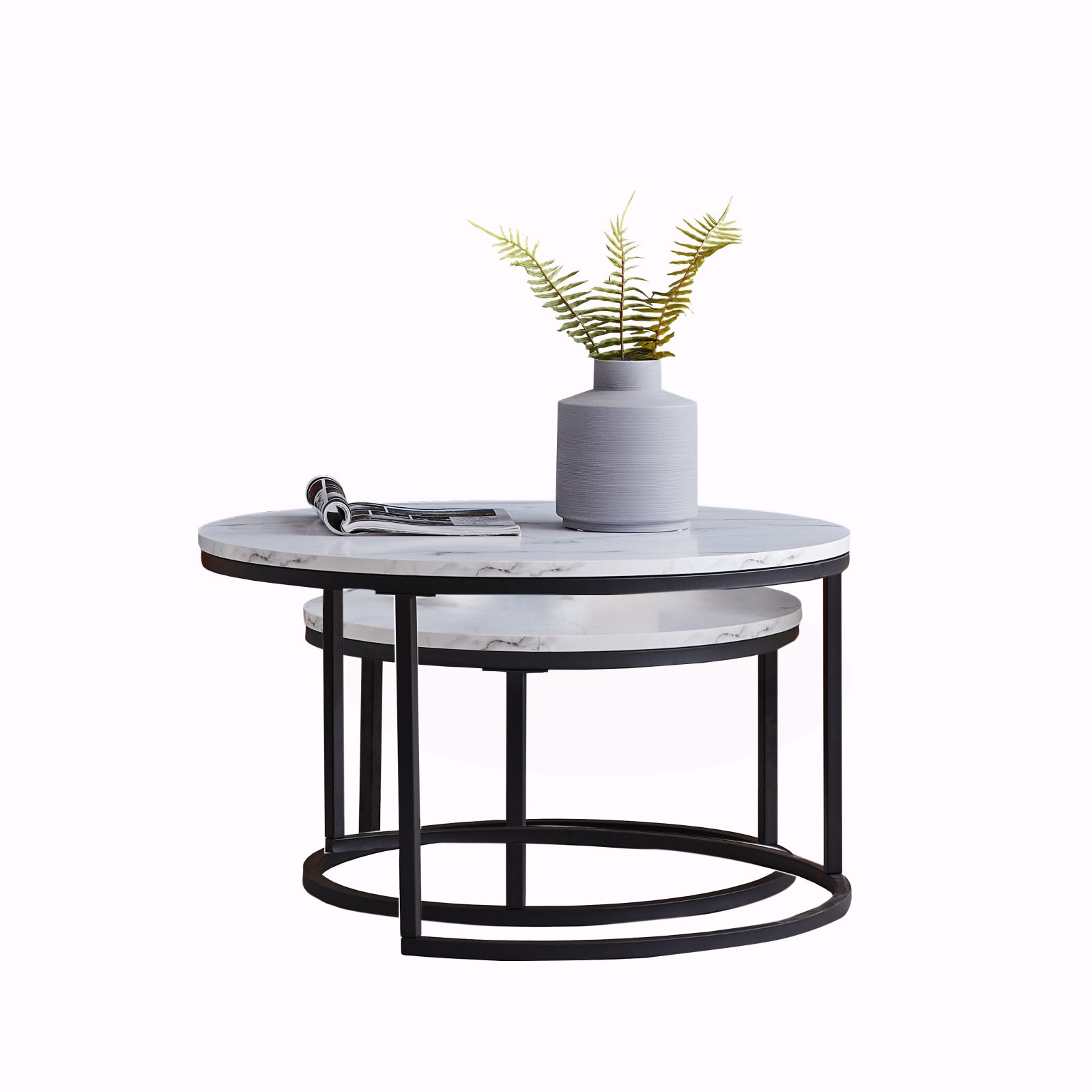 Table Basse Ronde Ensemble de 2, Ensemble Moderne de Tables Basses, Cadre en Métal, Table à Café, Adapté pour Salon, Balcon, Blanc+Noir - 7