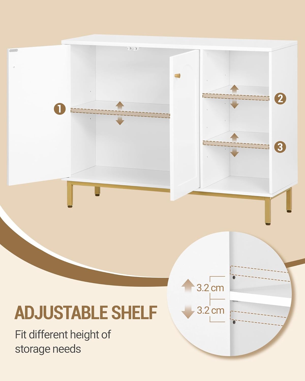 Mobile da Bagno, Armadietto Autoportante, con 3 Ripiani Aperti Regolabili e 2 ante, Grande Capacità di Stoccaggio, per Bagno, Soggiorno, Bianco-Oro - 5