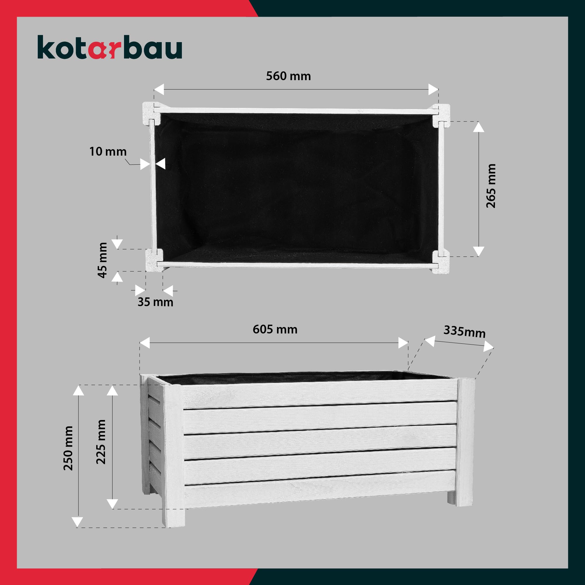 Pot de Fleurs en Bois 60 x 33 x 25 cm Jardinière en Pin Carbonisé Pot de Plantes Jardinière - Idéal pour Jardin Terrasse Balcon - Blanc - KOTARBAU - 4