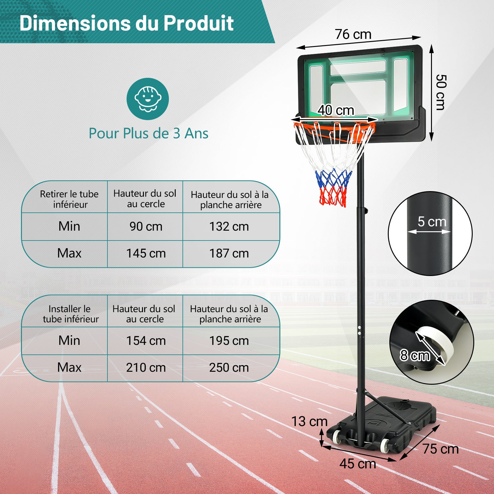 Canestro Basket da Interno ed Esterno Portatile e Regolabile in Altezza 90-210cm, Canestro da Basket per Bambini con Ruote, Incavo per Pallone - 2