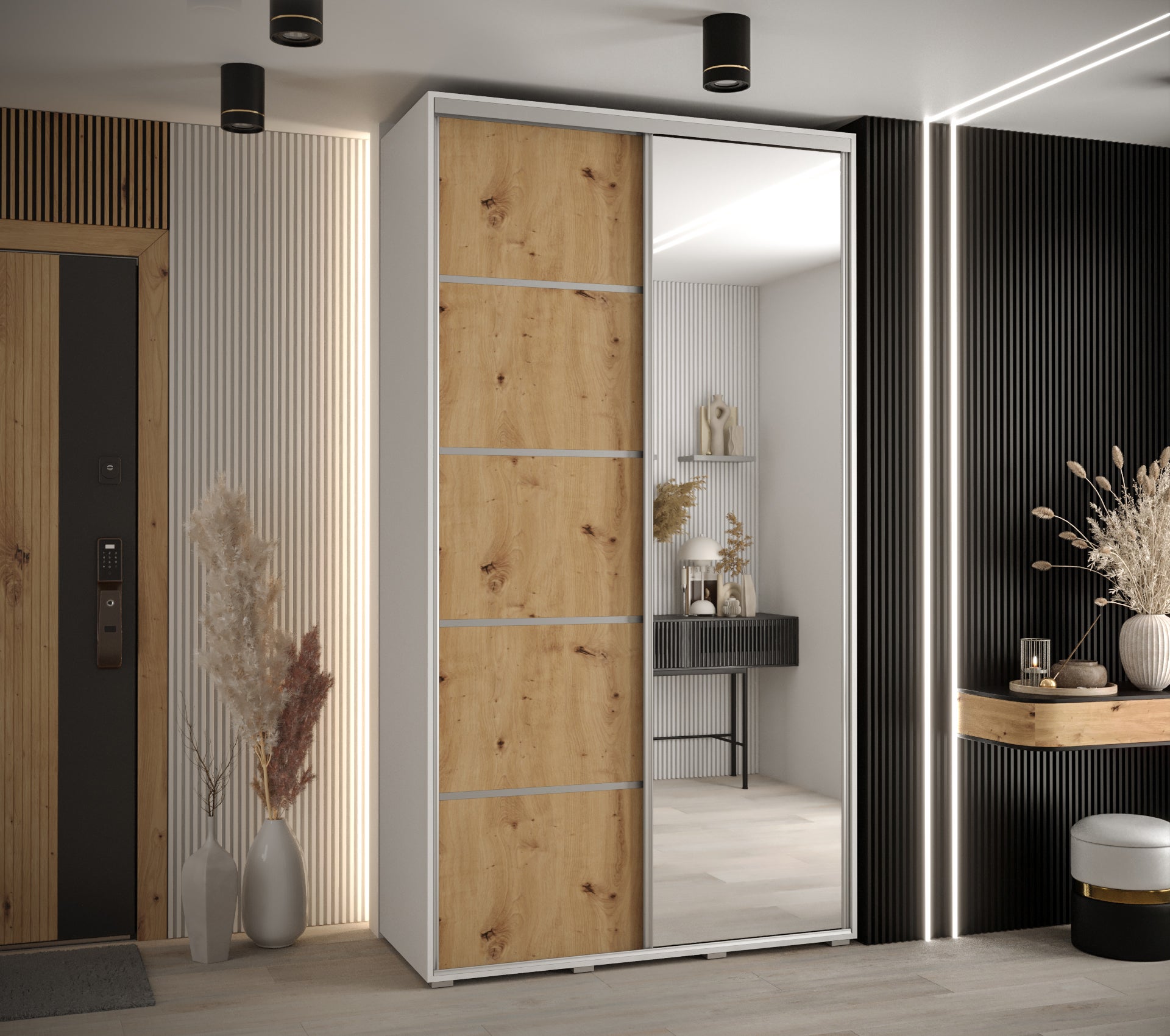 Szafa przesuwna z lustrem wysoka Davos 5 140 x 45 x 235,2 cm biały + artisan + u. srebrny - Abiks Meble - 2