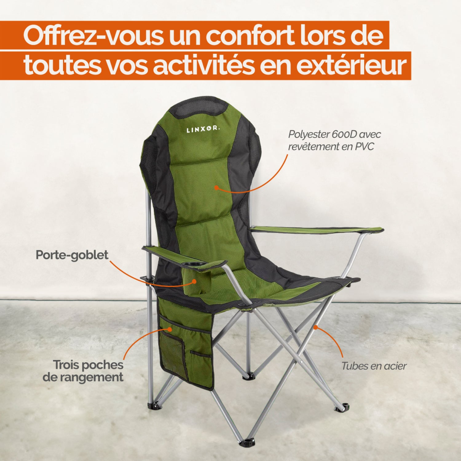 Chaise de camping pliable, siège de plage, de pêche portable avec sac de transport - Vert - Linxor - 3