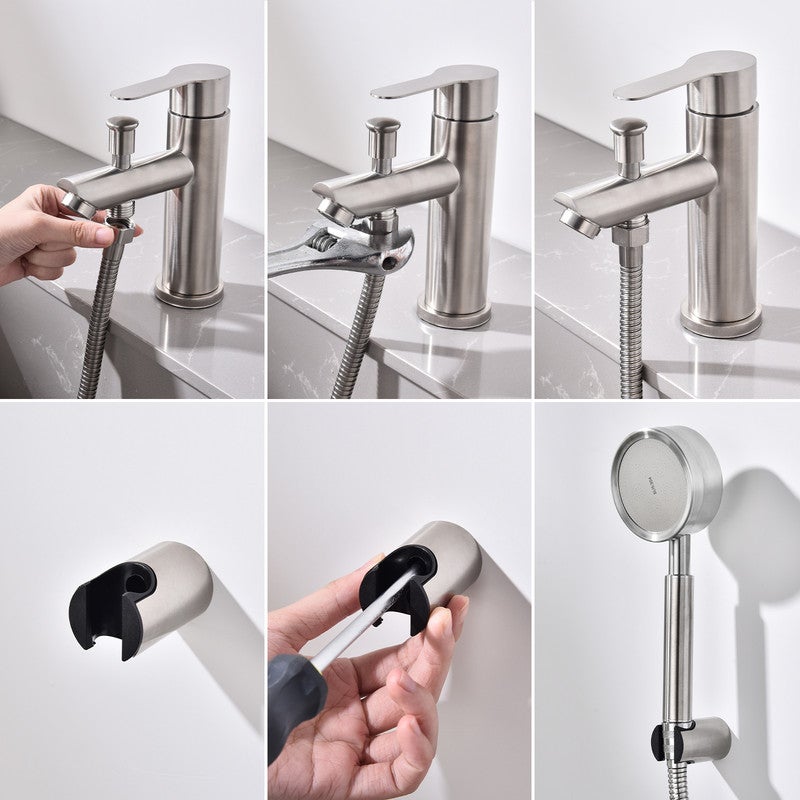 Mitigeur Salle de Bain Brossé Robinet de Douche avec Pommeau et Flexible Kit de Robinet Monotrou à Double Usage - 5