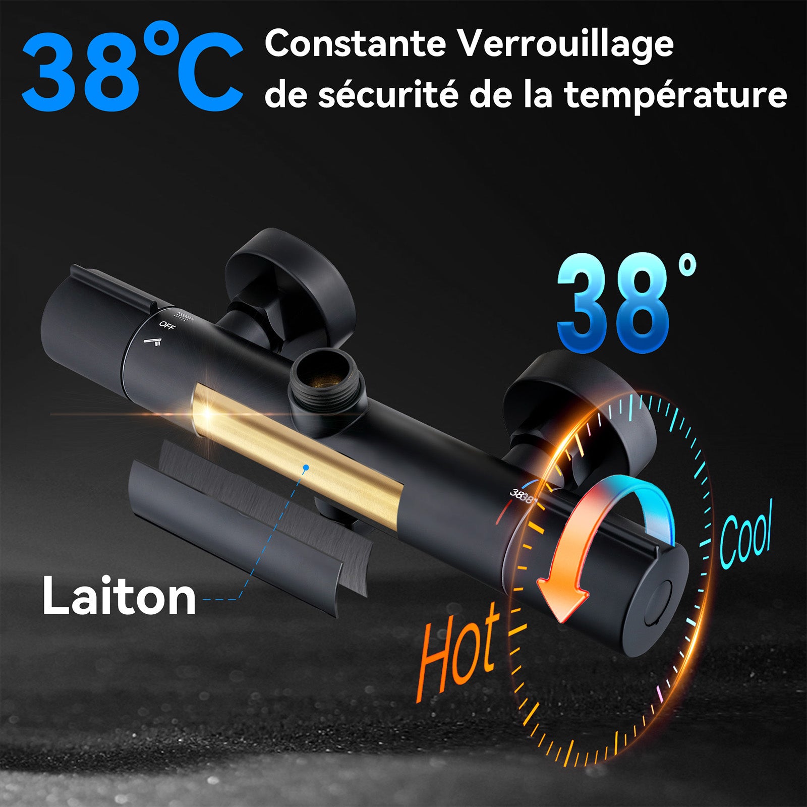 Colonne de Douche Thermostatique, Ensemble de Douche Hauteur Réglable sans Percement Supplémentaire Noir avec Douchette 3 Jets, Mitigeur en Laiton - 5
