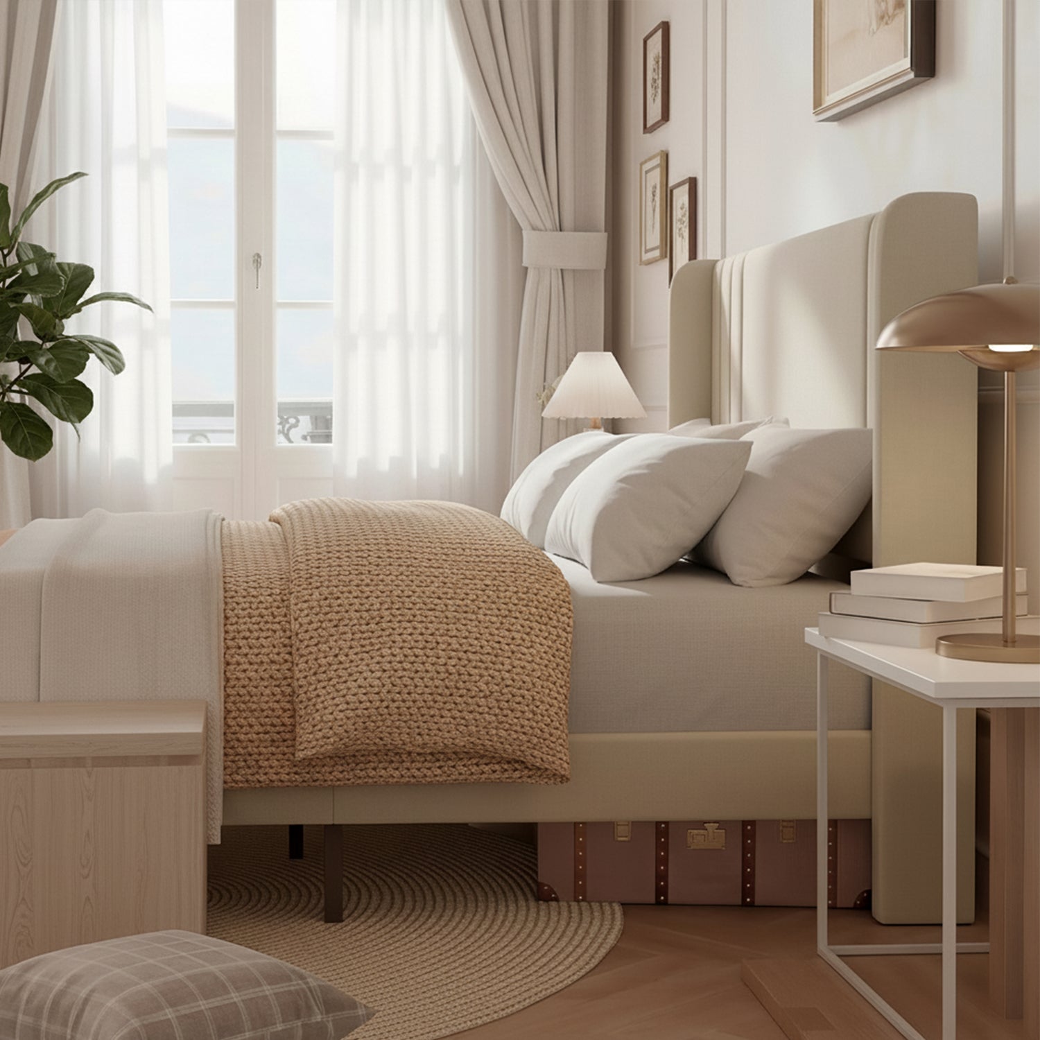 Lit 140x190 cm, COZY, sommier à lattes, tissu en lin, cadre de lit double 140x190, lit adulte 140x190, beige - 2