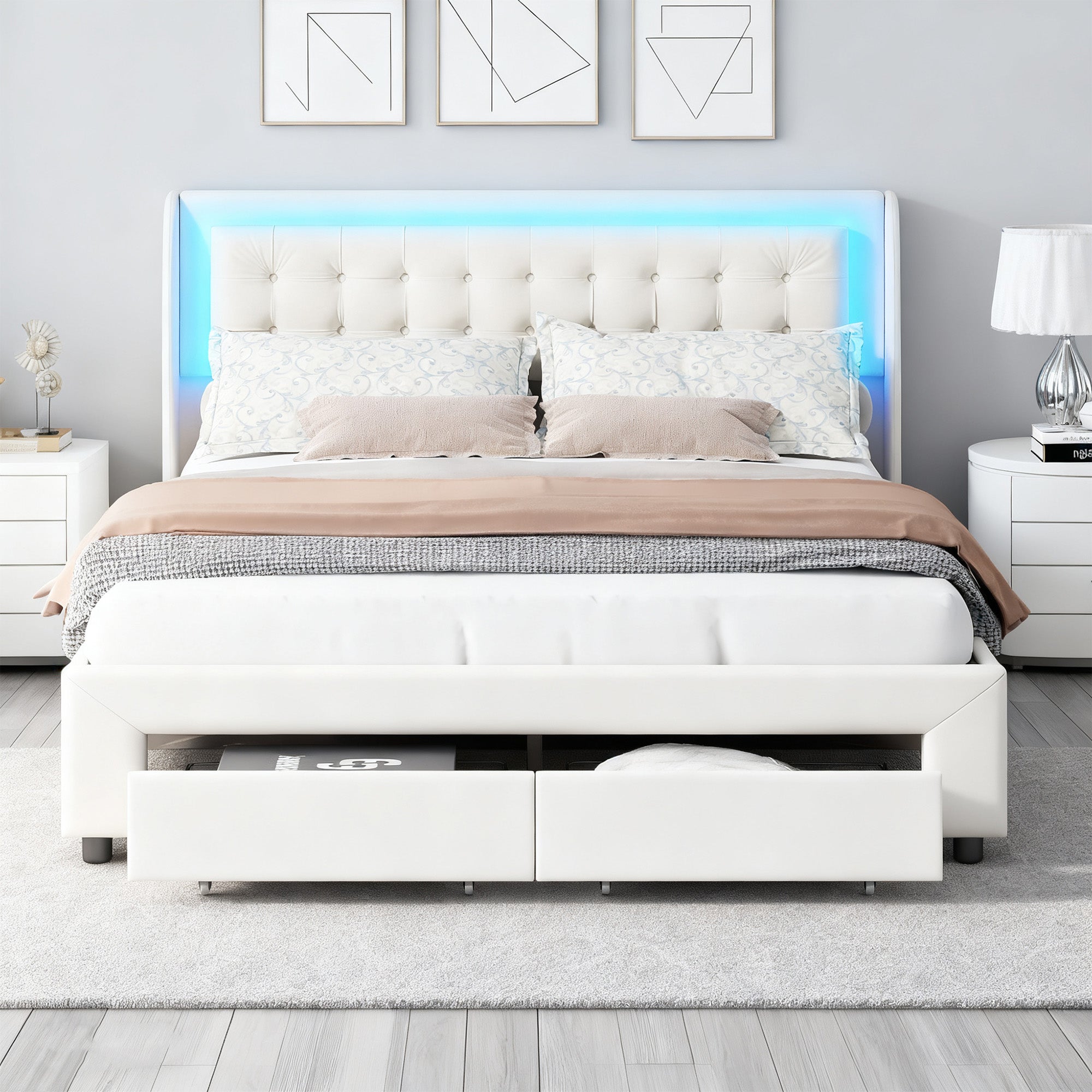 Lit coffre 140x190 cm avec LED et 2 tiroirs, COZY, cadre de lit adulte avec sommier à lattes, lit double, tissu en velours, 140x190 cm, blanc cassé - 2