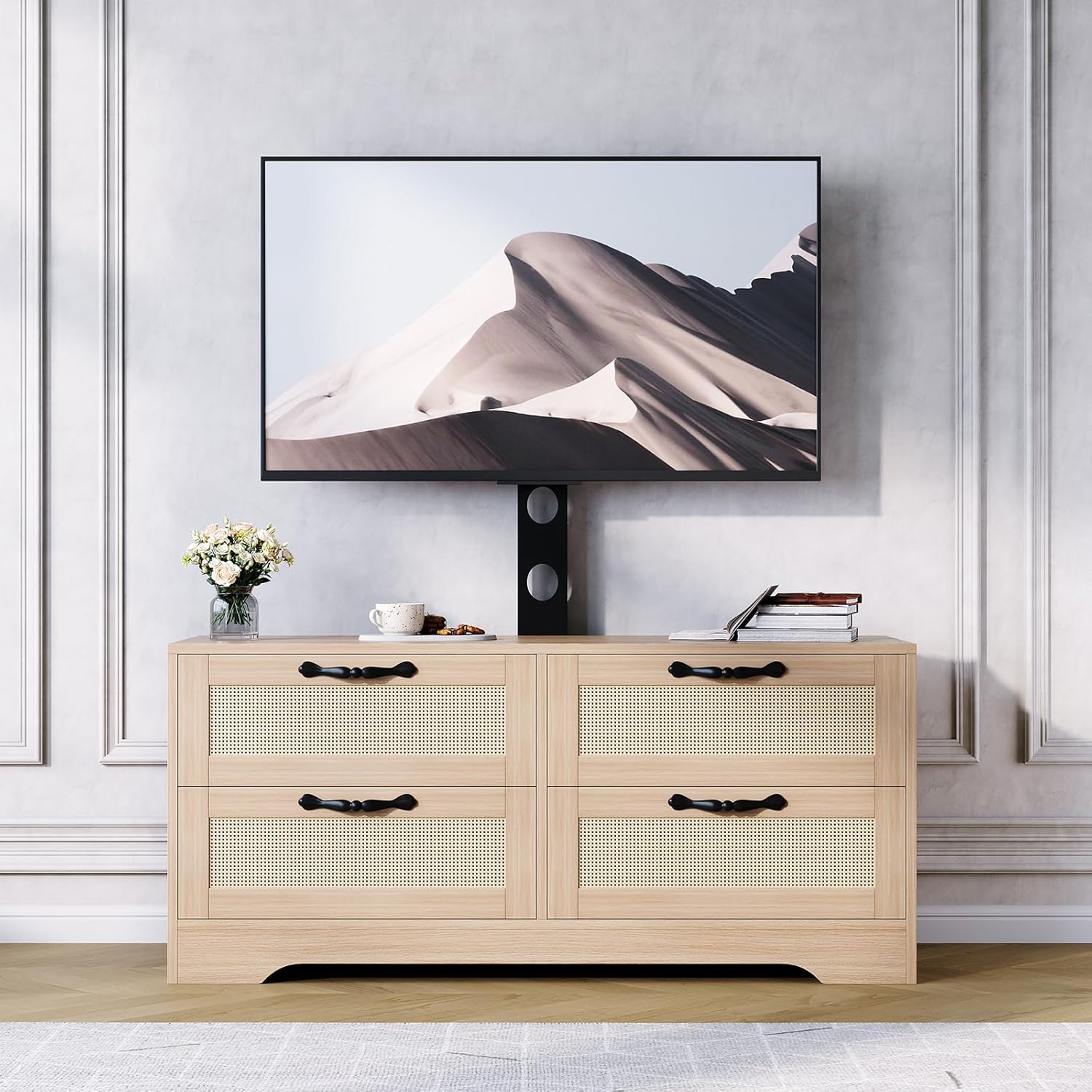 Meuble TV,Support TV avec Support Réglable, rangement TV avec Portes Rotin naturel,4 grands tiroirs,pour Salon Ou Chambre - 7