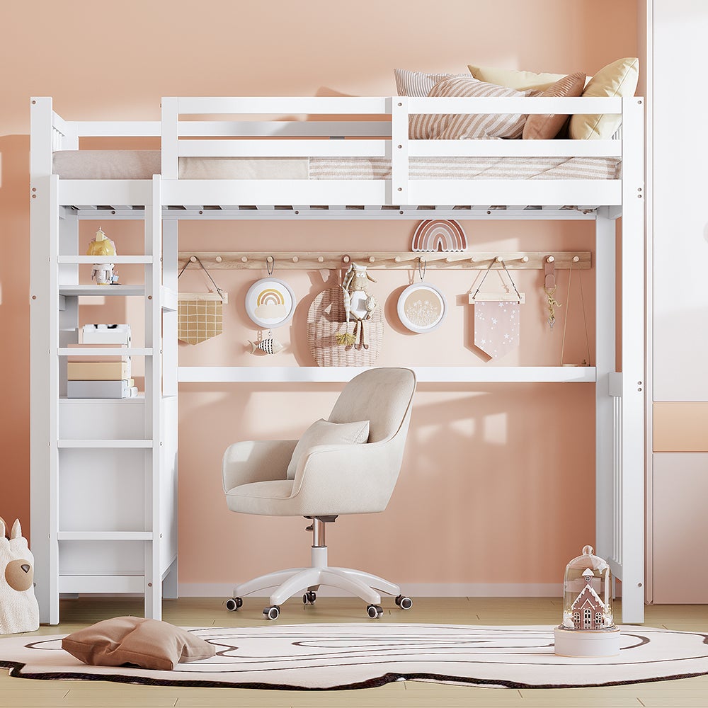 Lit Mezzanine Enfant 90x200 Cm Pin Et MDF - Avec Bureau, étagères, échelle Rangement Et Bande LED Intégrée - 2