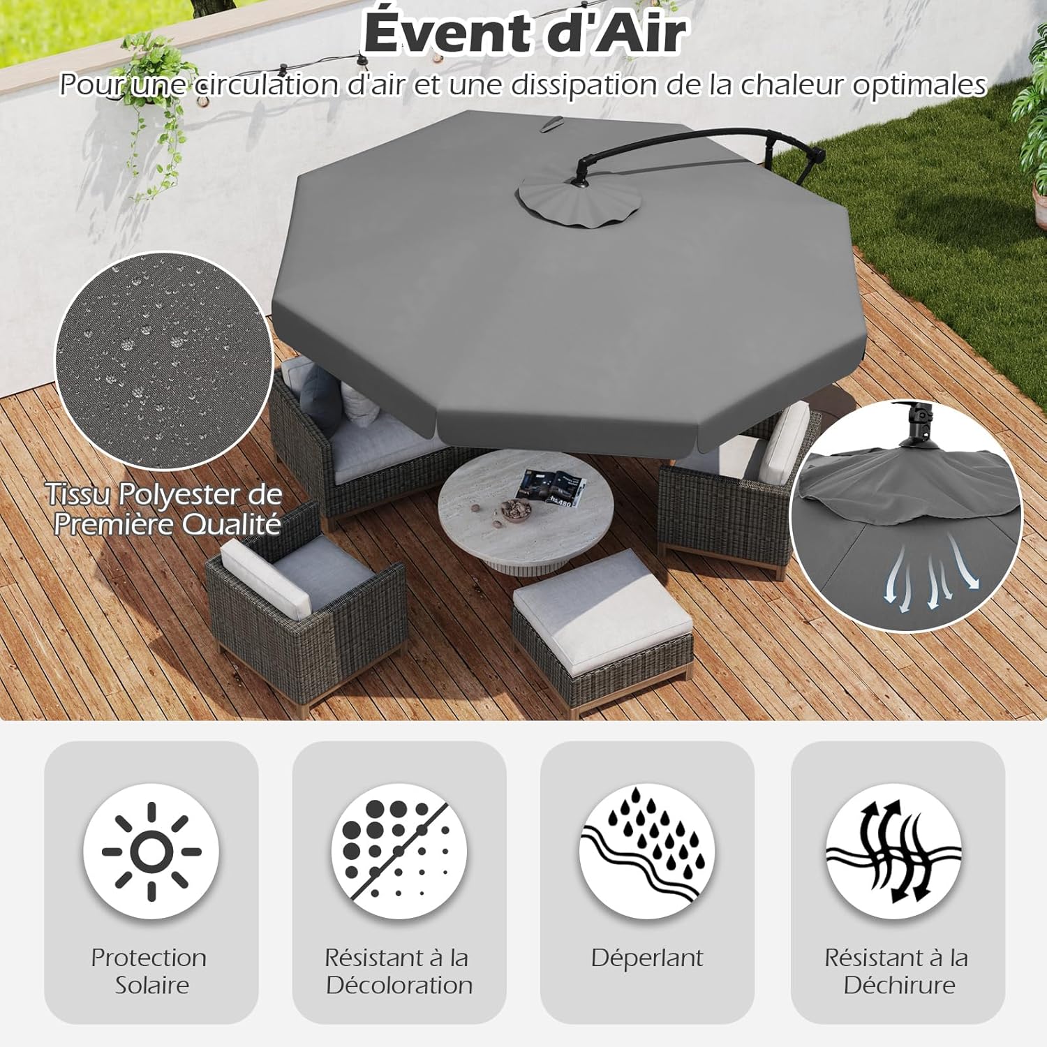 Parasol Déporté 3x3m avec Housse, Grand Parasol de Jardin Exterieur,8 Baleines et Base Croisée, Parasol Inclinable Suspendu avec Manivelle(Gris) - 3