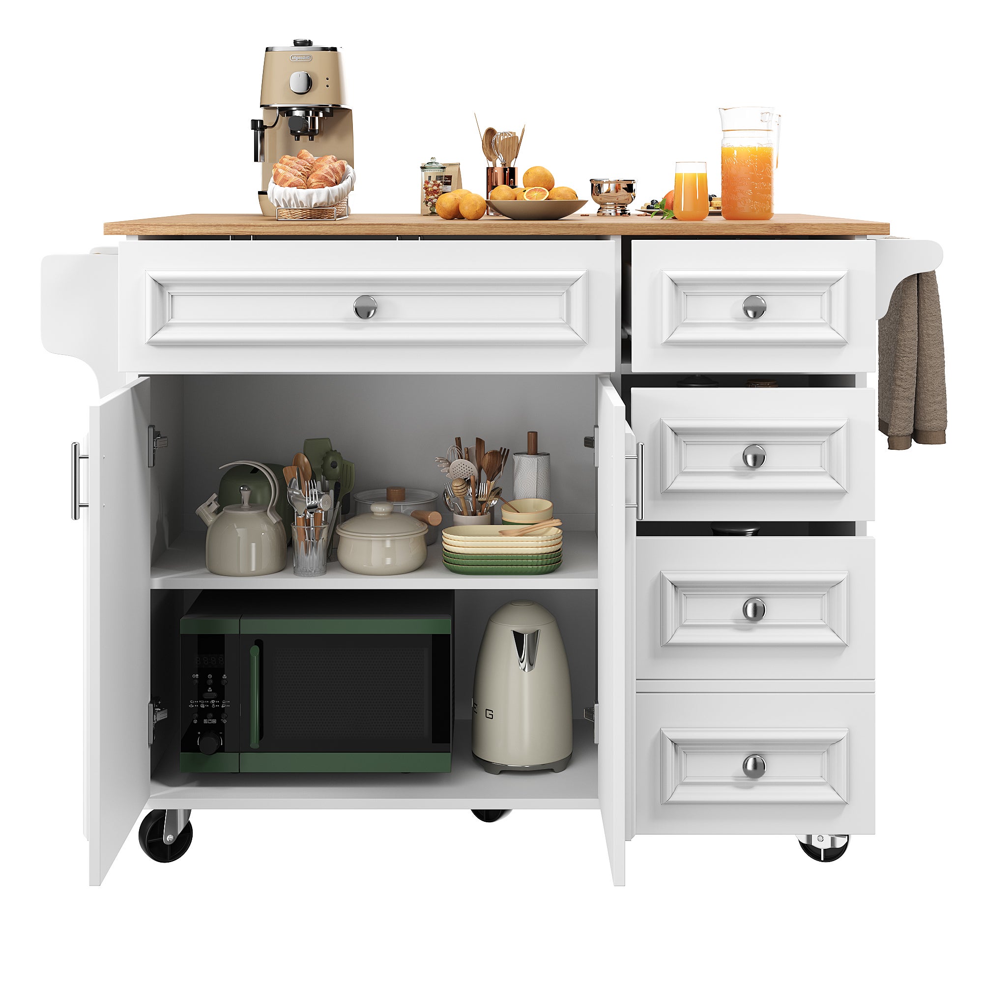 Ilot central de cuisine moderne 130x45x92cm - 5 tiroirs et 2 portes - plateau extensible - avec roulettes - Blanc - 5
