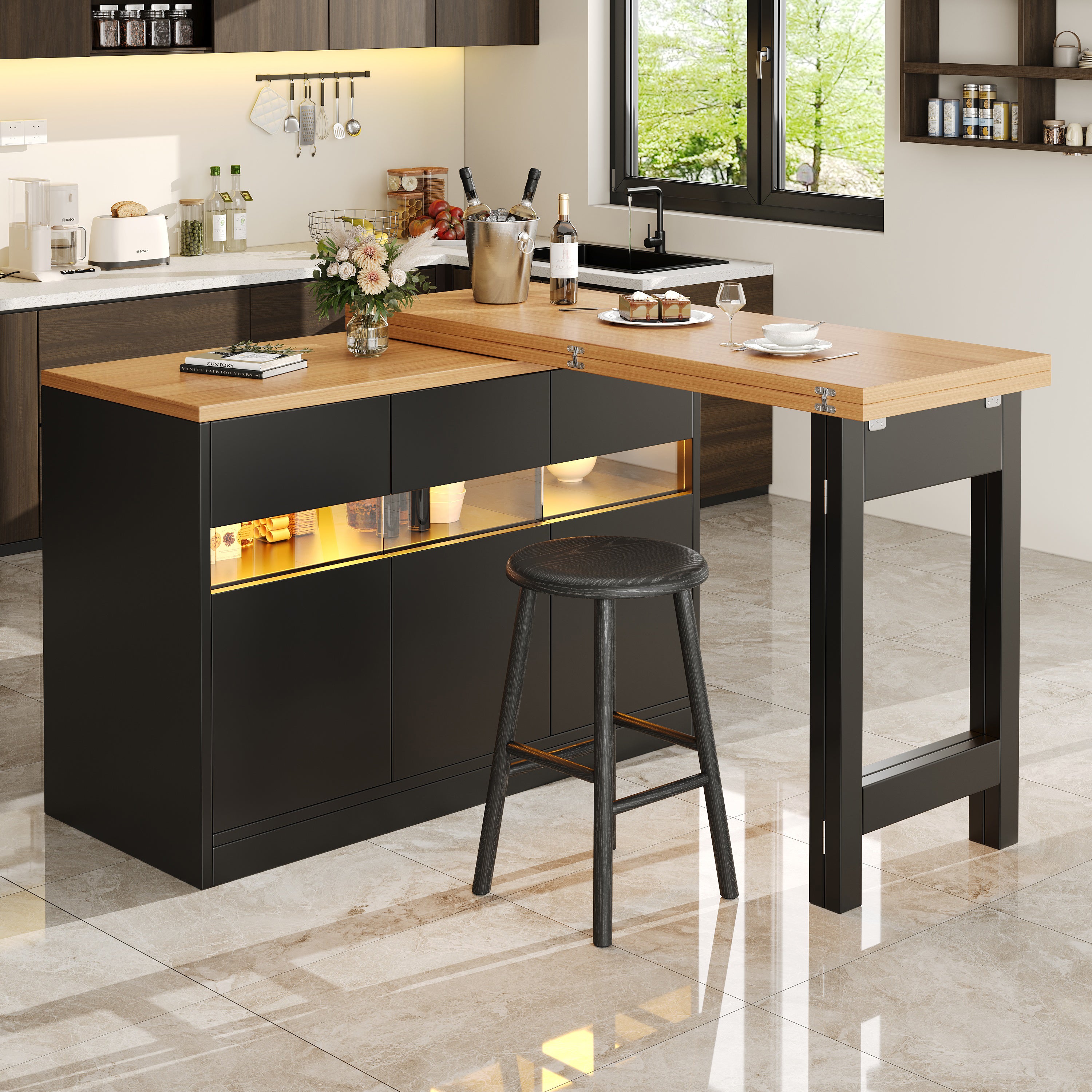 Rozkładany barek kuchenny - z oświetleniem LED - duży stół - i możliwością obrotu o 360° - 180x79,5x71,5 cm - 3 drzwi - czarny