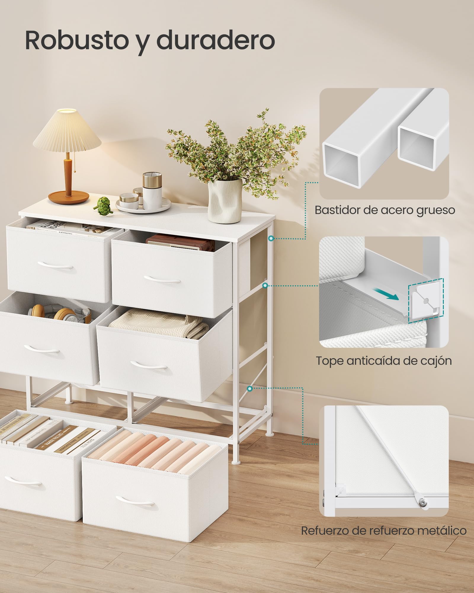 Cómoda moderna de acero con 6 cajones, para dormitorio y salón, blanco - 2
