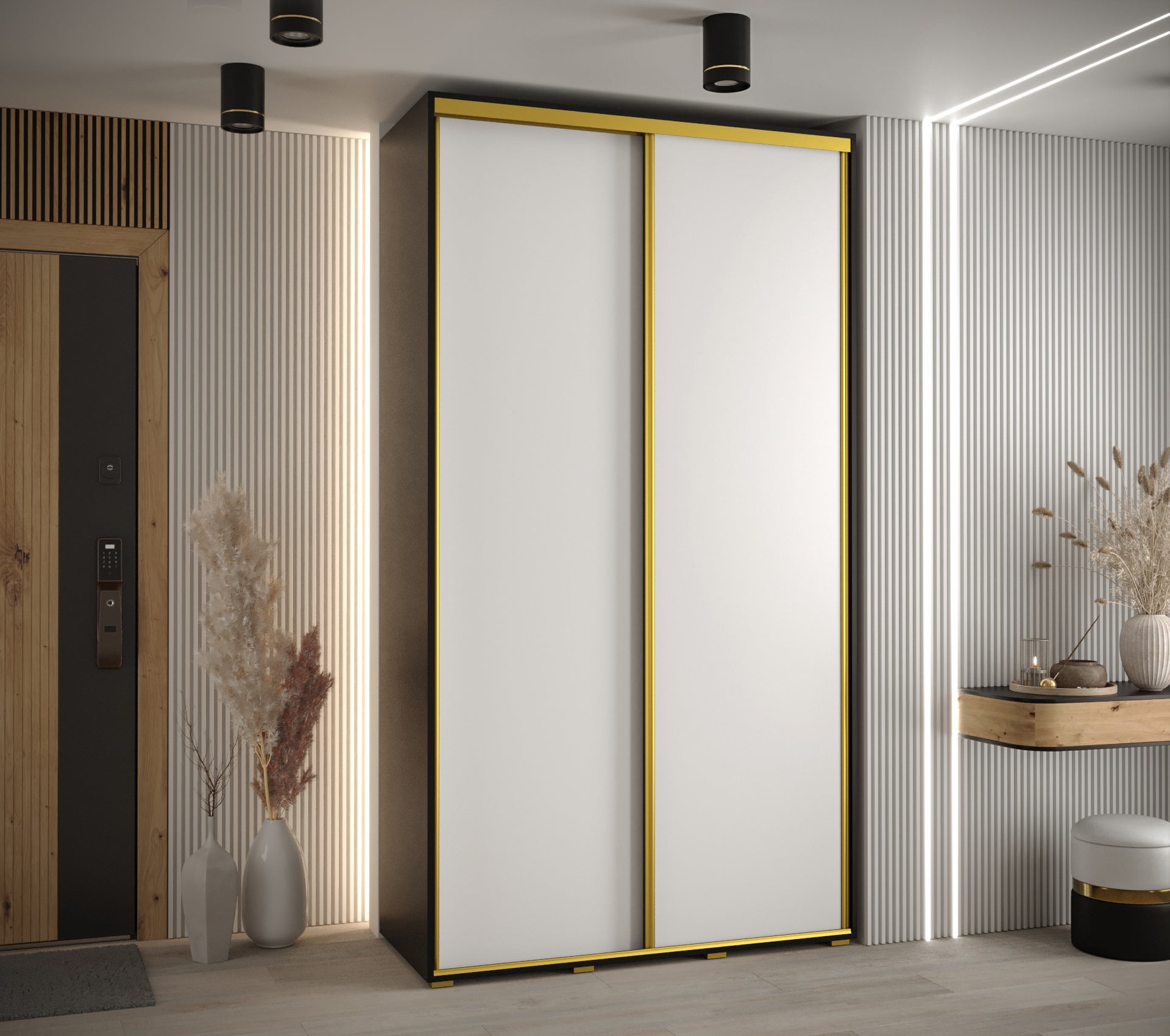 Szafa przesuwna wysoka Davos 1 130 x 45 x 235,2 cm czarny + biały + u. złoty - Abiks Meble - 2