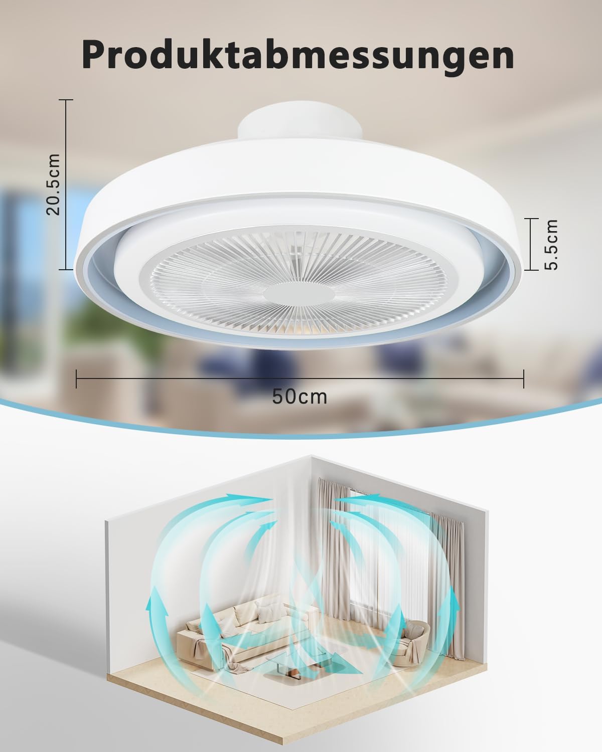 NETTLIFE Ventilateur de plafond avec éclairage LED et télécommande - Lampe plafonnier moderne, silencieux, dimmable, 5 pales lumineuses - 6