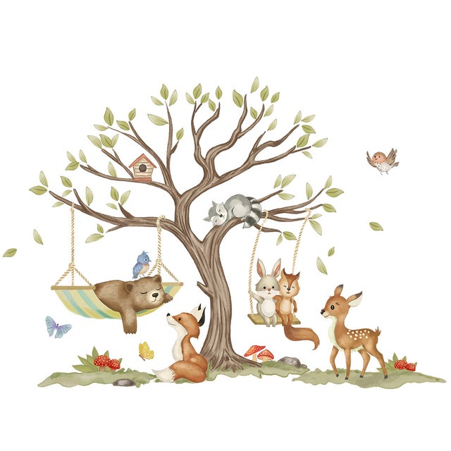Stickers Muraux Animaux Foret Arbre Autocollants Muraux Mural Stickers Enfants Cerf Renard Pin pour Chambre Enfants Bébé Pépinière