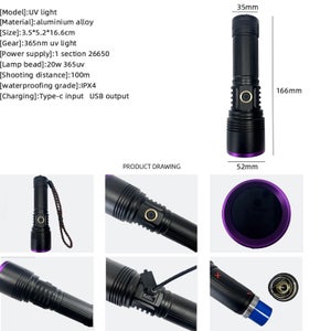 Torcia UV nera ricaricabile 395nm, torcia a doppia sorgente