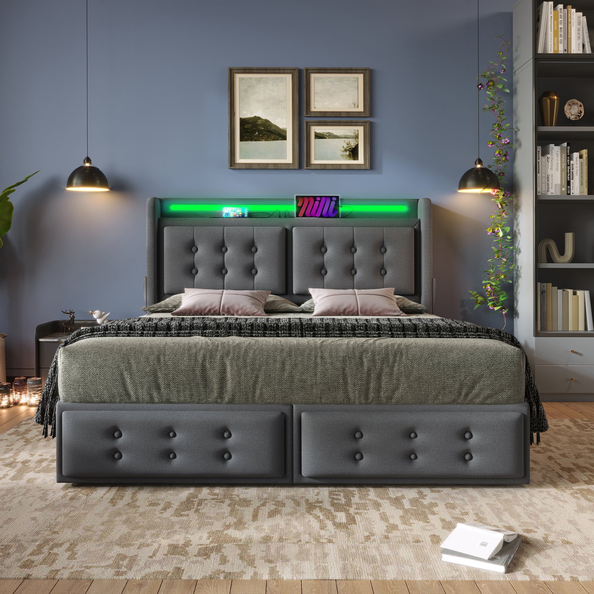 Lit double capitonné 160x200 avec tête de lit Led et chargeur USB C + 4 tiroirs, gris (sans matelas) | Leroy Merlin