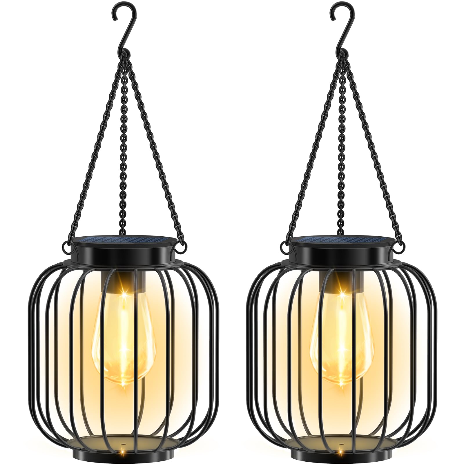 Zewnętrzne latarnie słoneczne, 2 sztuki, ulepszone metalowe lampy słoneczne, jaśniejsze wiszące lampy słoneczne, wodoodporne
