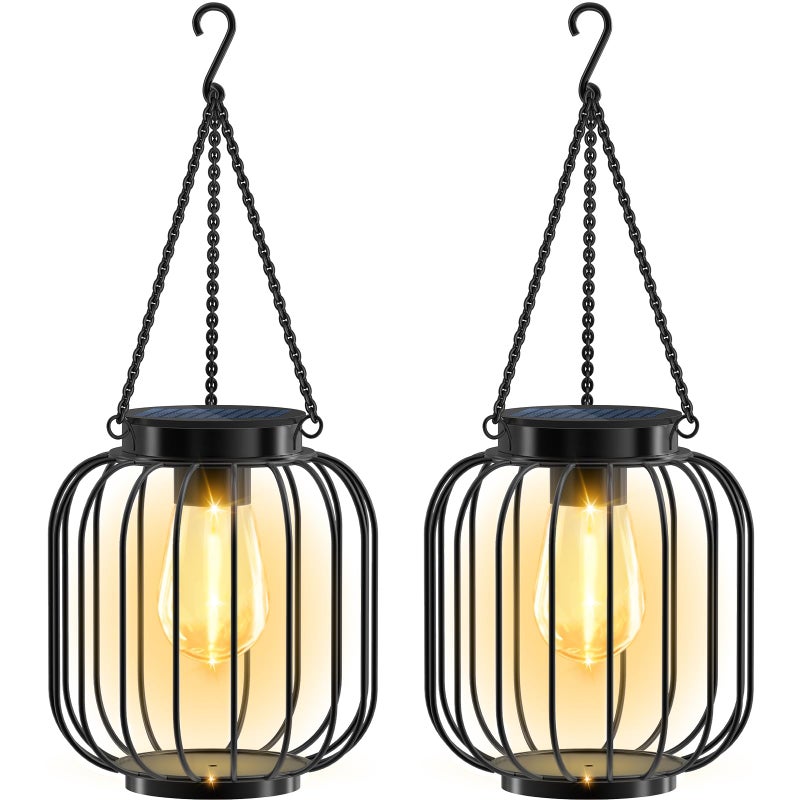 Zewnętrzne latarnie słoneczne, 2 sztuki, ulepszone metalowe lampy słoneczne, jaśniejsze wiszące lampy słoneczne, wodoodporne